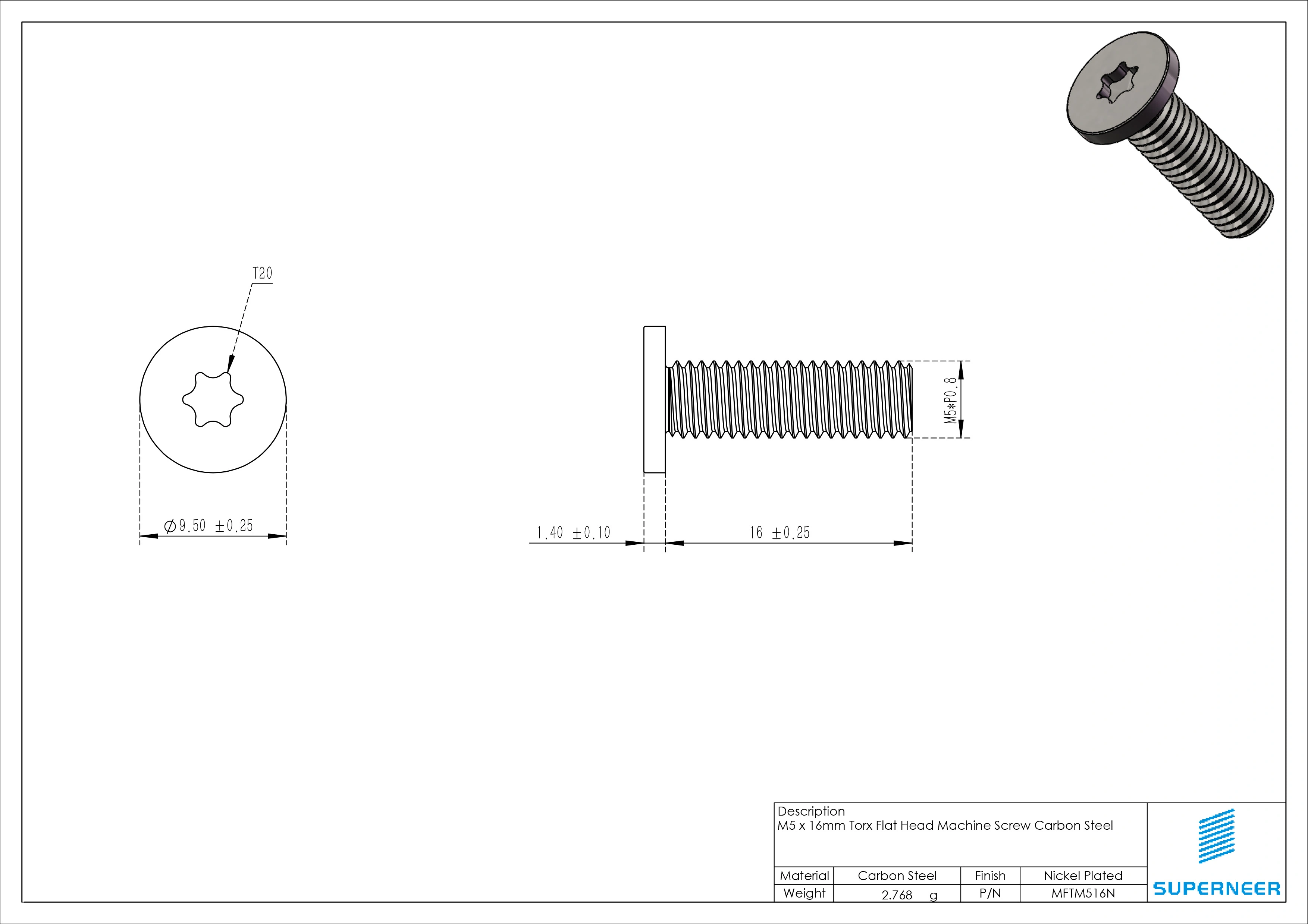 M5 x 16mm Torx Flat Head Machine Screw Carbon Steel Nickel Plated