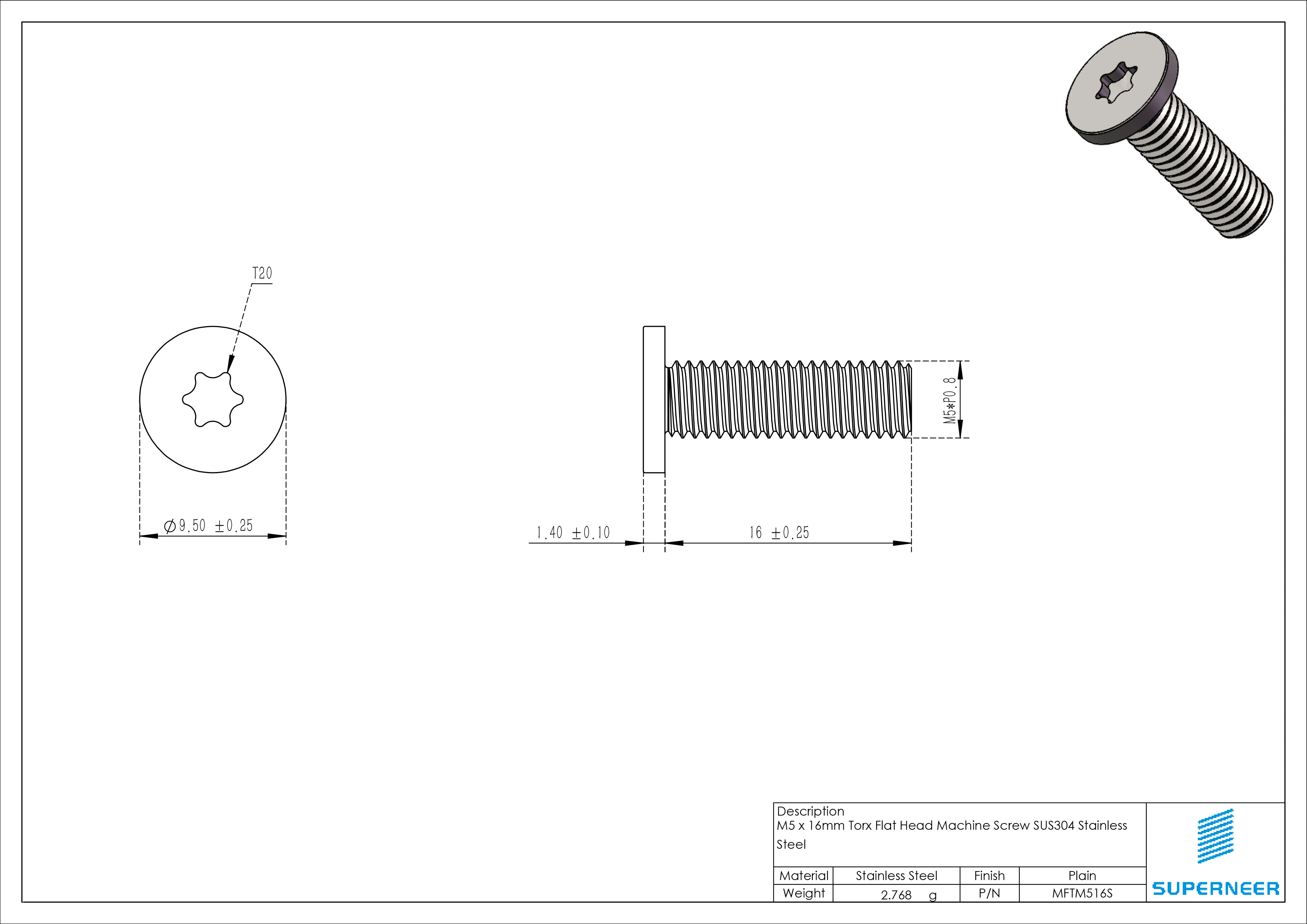 M5 x 16mm Torx Flat Head Machine Screw SUS304 Stainless Steel Inox 