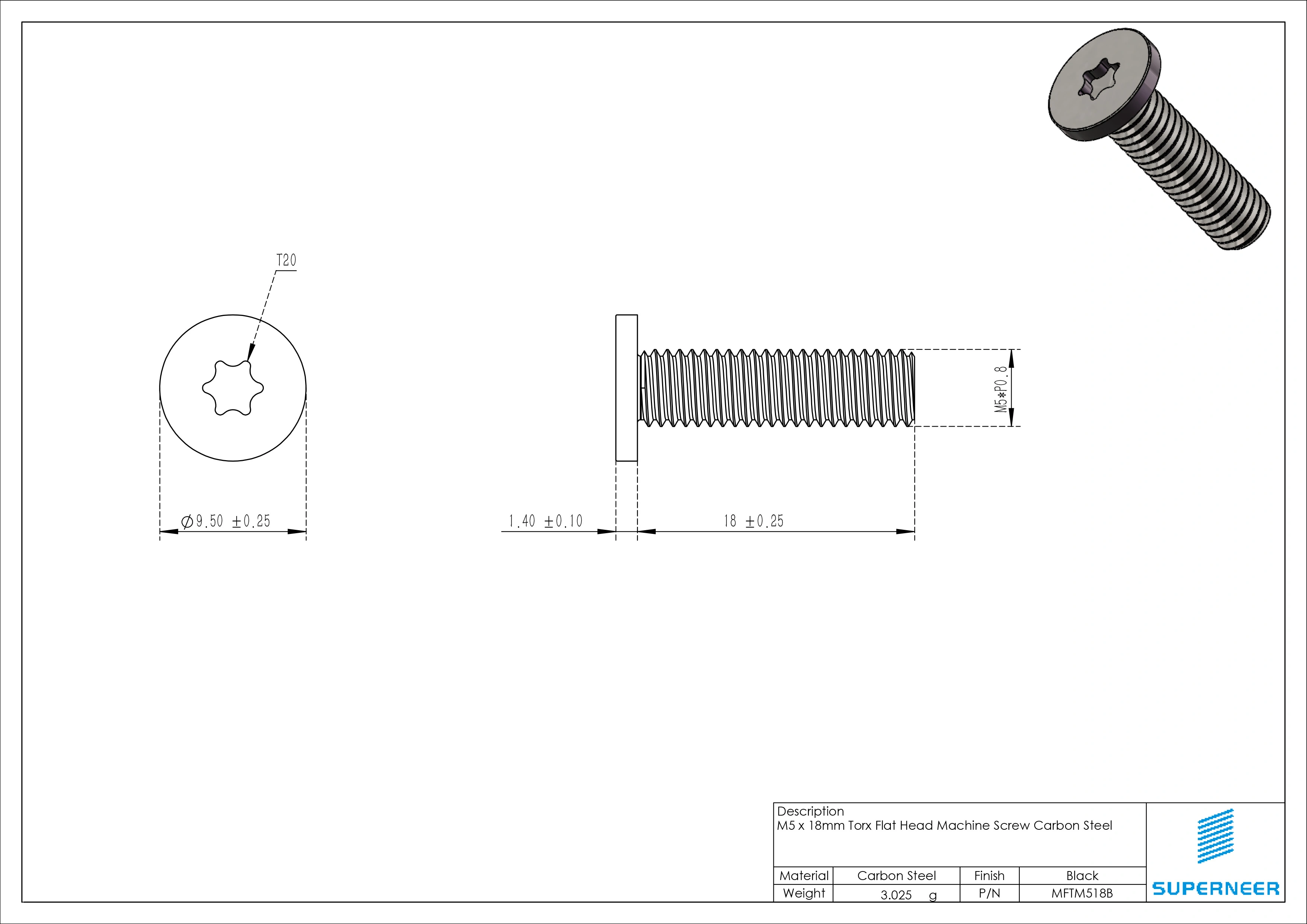 M5 x 18mm Torx Flat Head Machine Screw Carbon Steel Black