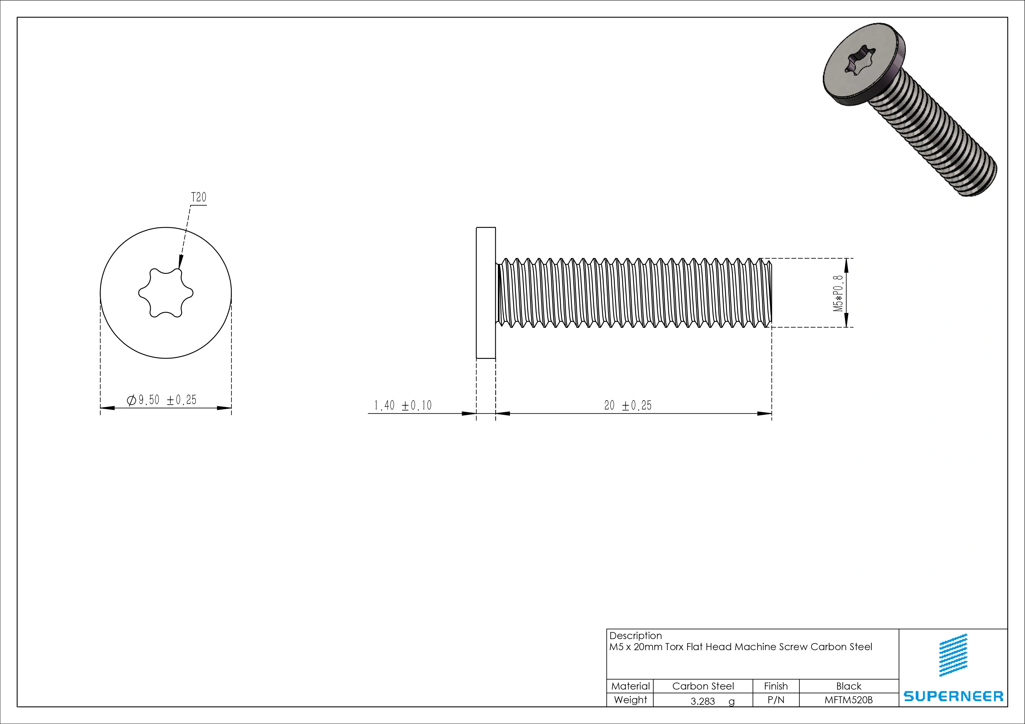 M5 x 20mm Torx Flat Head Machine Screw Carbon Steel Black