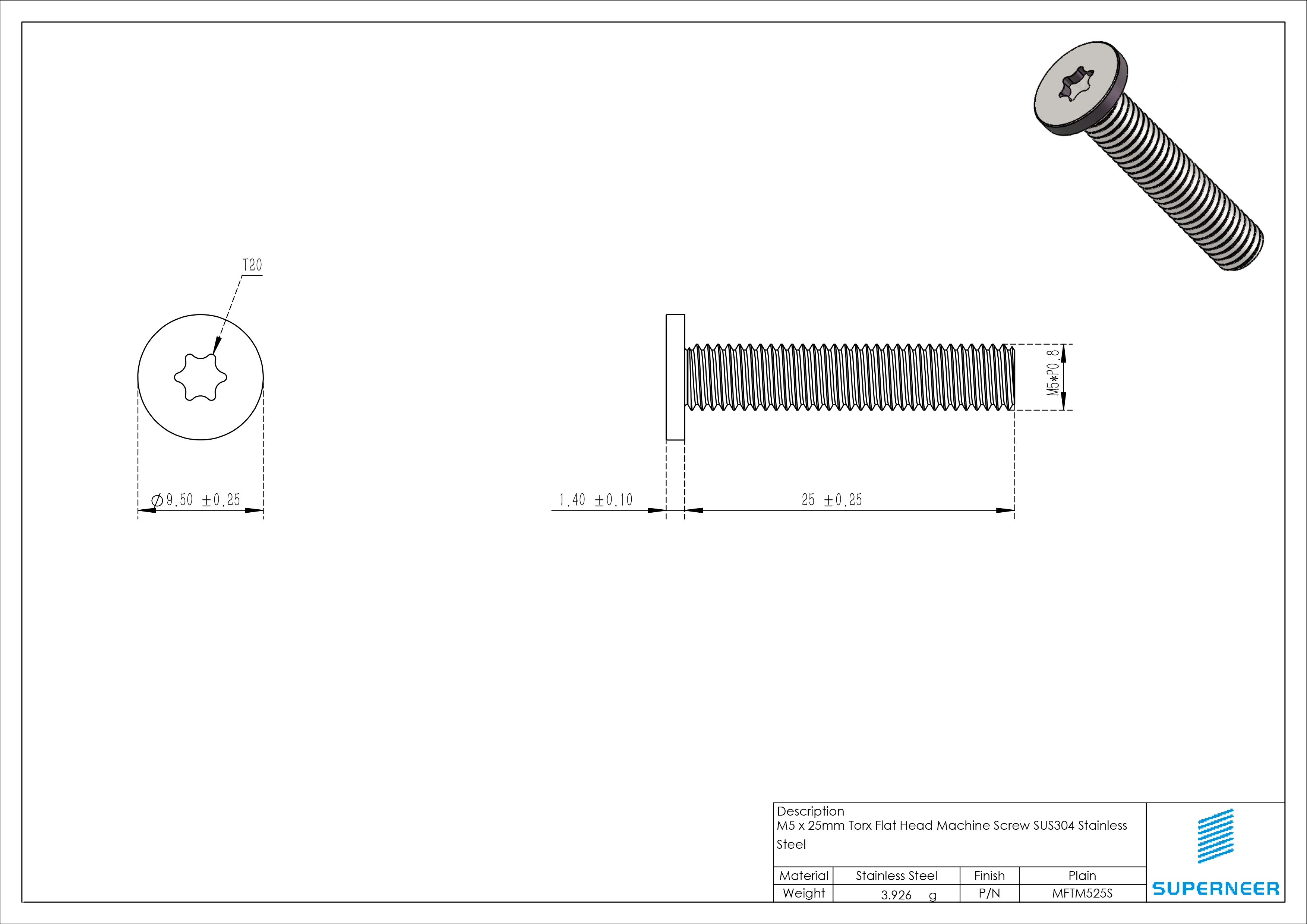 M5 x 25mm Torx Flat Head Machine Screw SUS304 Stainless Steel Inox 