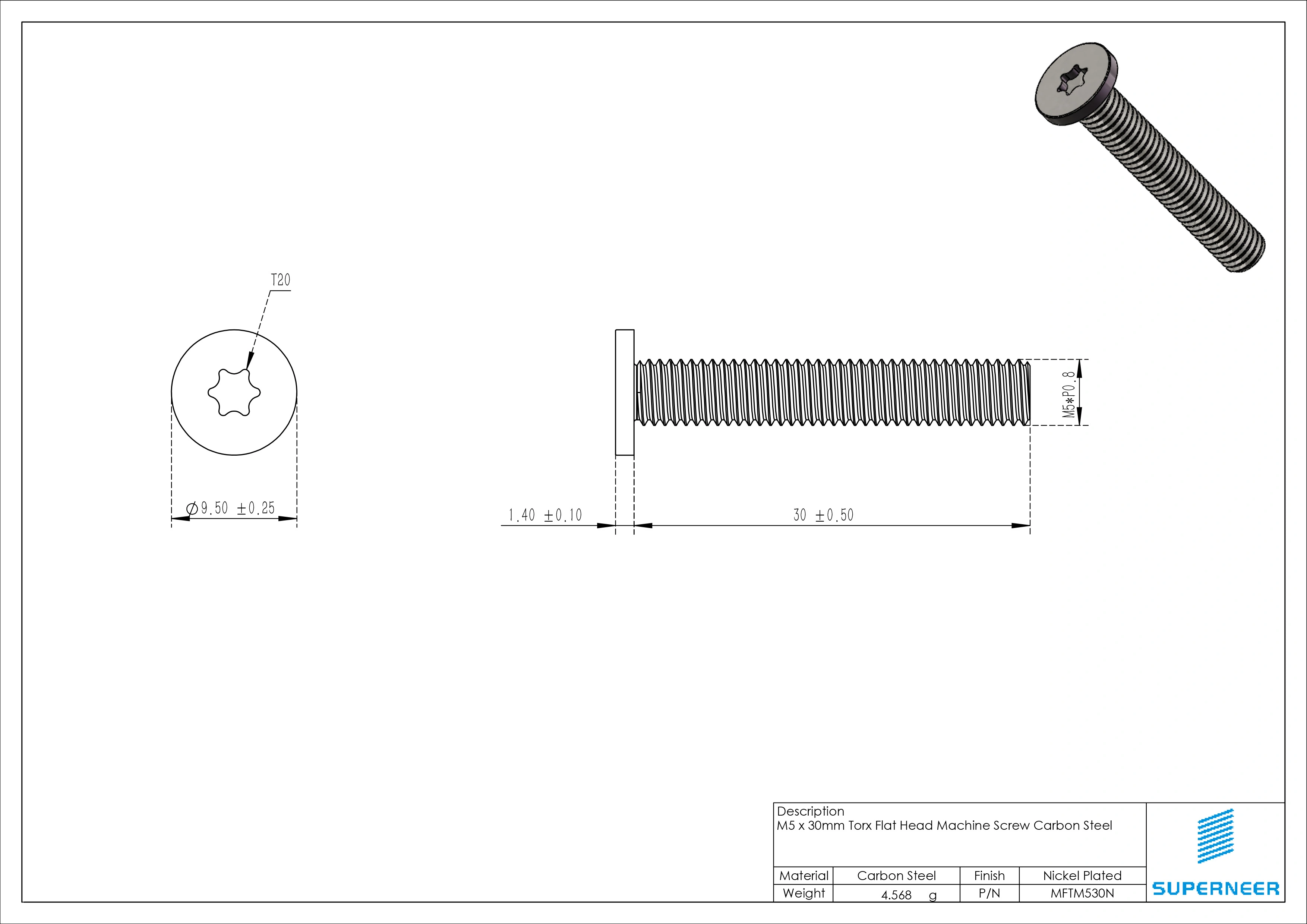 M5 x 30mm Torx Flat Head Machine Screw Carbon Steel Nickel Plated