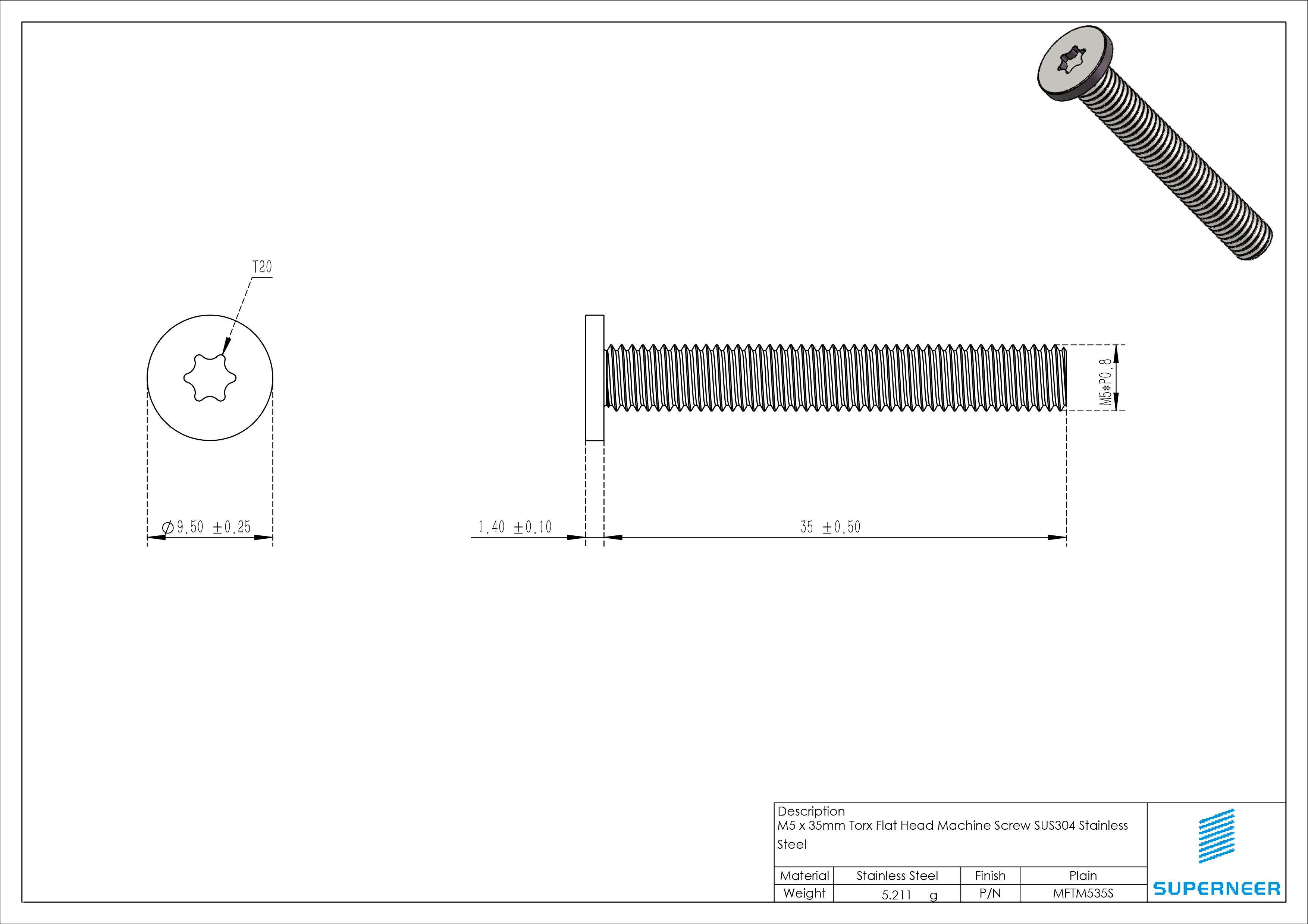 M5 x 35mm Torx Flat Head Machine Screw SUS304 Stainless Steel Inox 