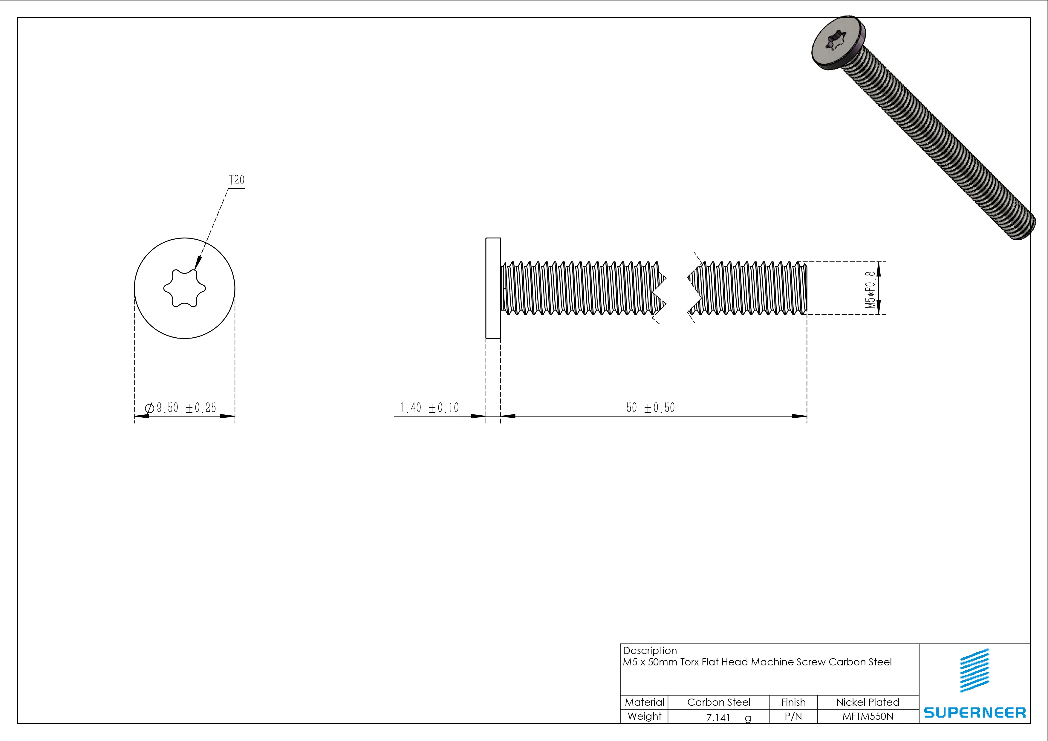 M5 x 50mm Torx Flat Head Machine Screw Carbon Steel Nickel Plated