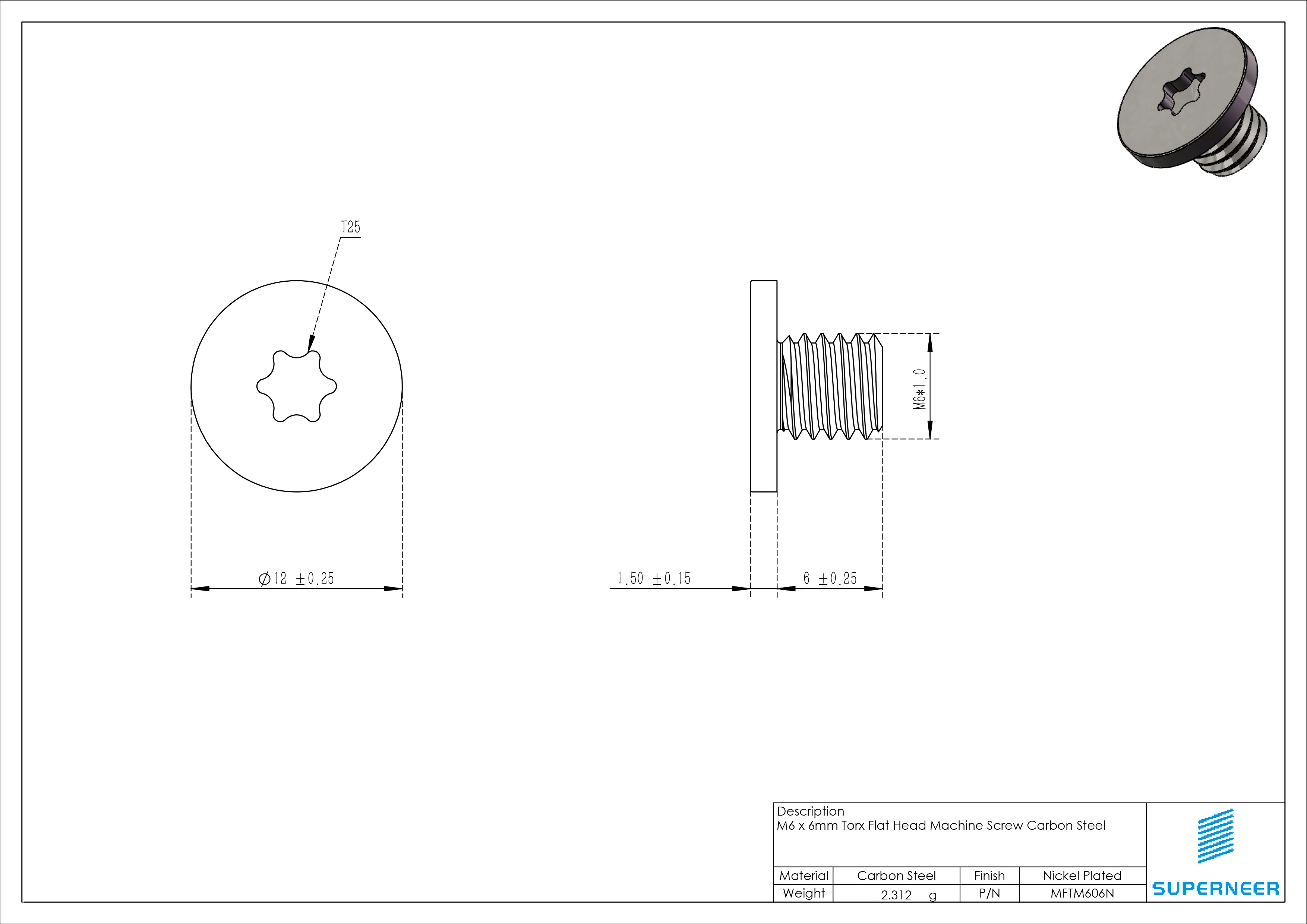 M6 x 6mm Torx Flat Head Machine Screw Carbon Steel Nickel Plated