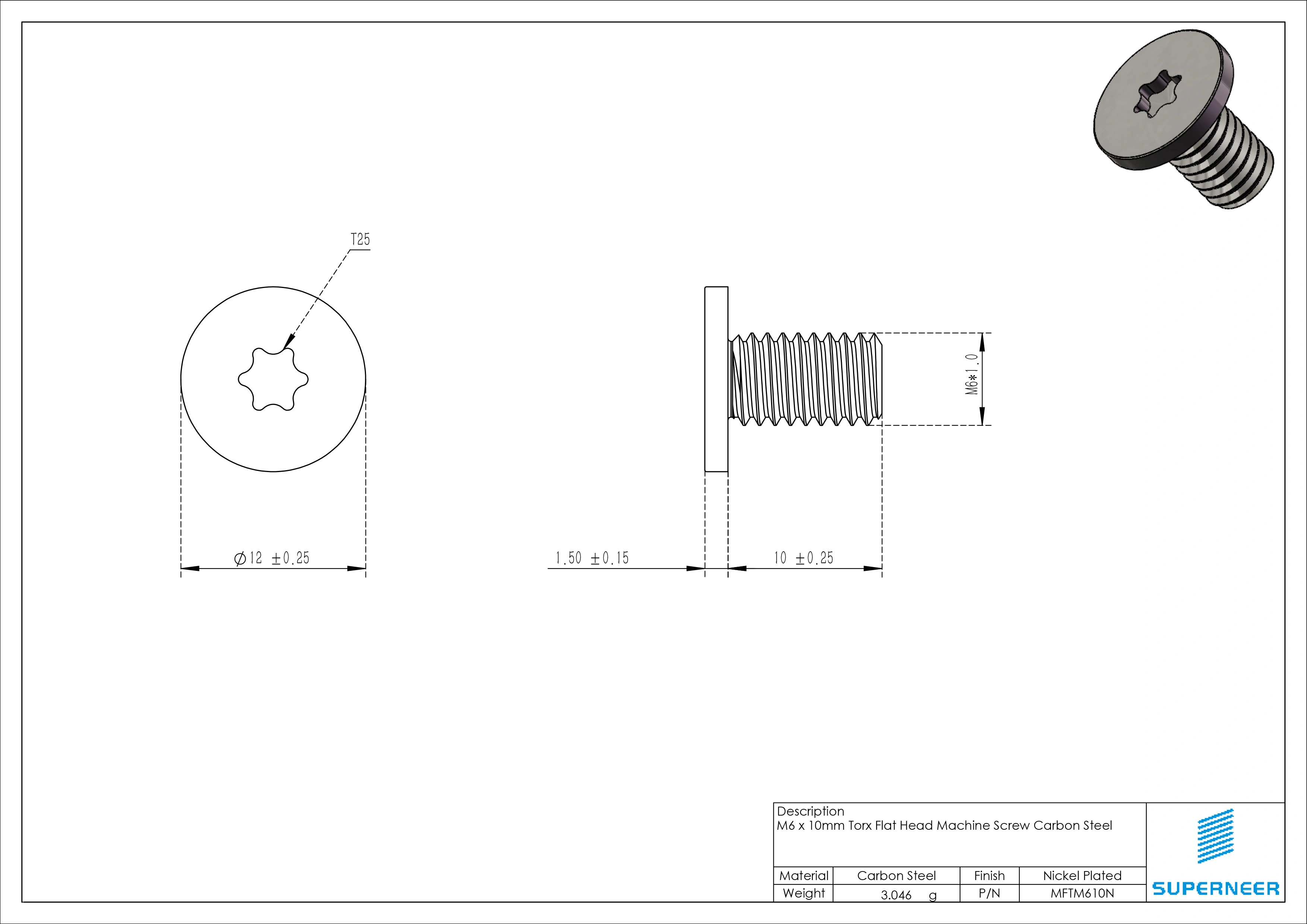 M6 x 10mm Torx Flat Head Machine Screw Carbon Steel Nickel Plated