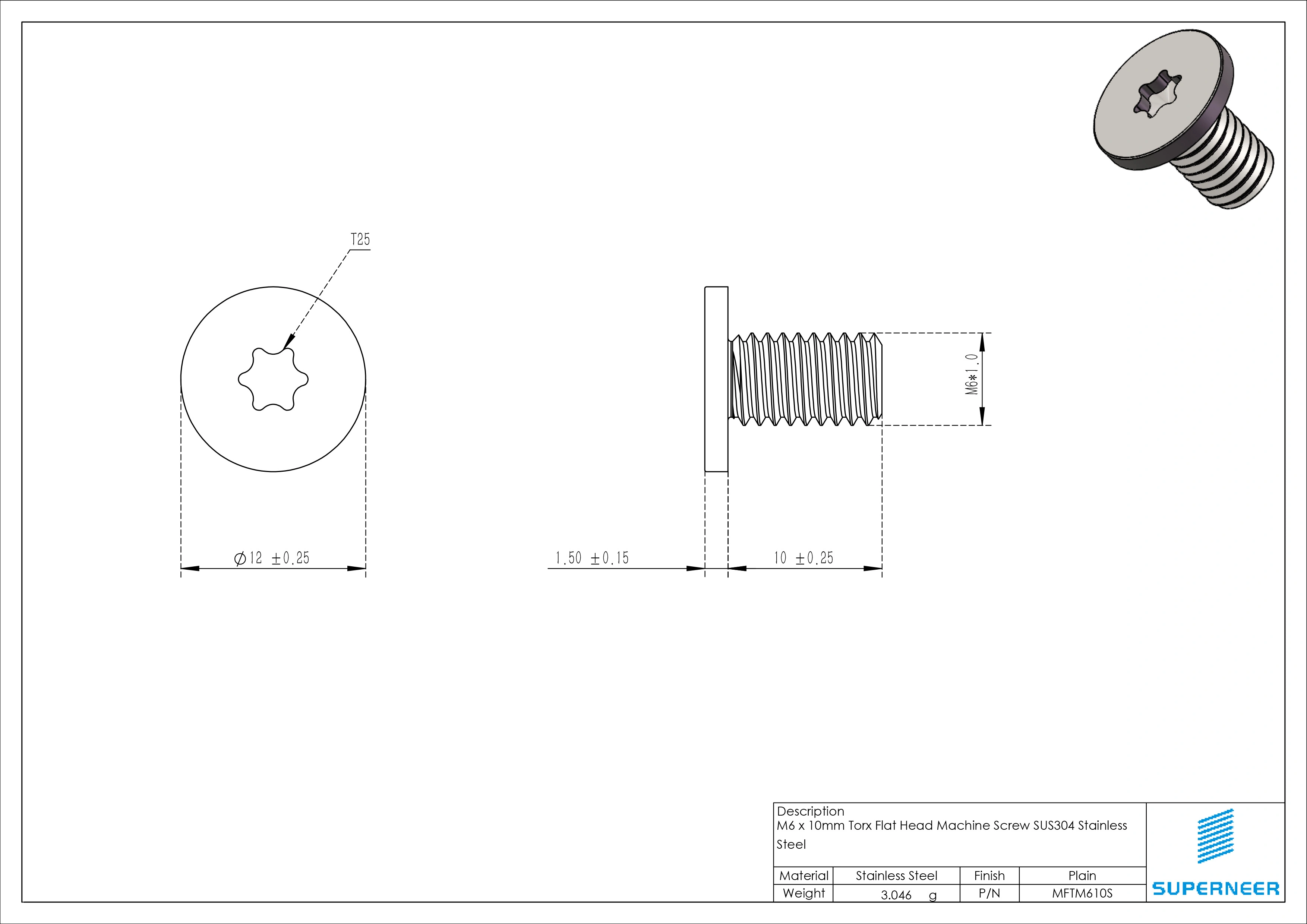 M6 x 10mm Torx Flat Head Machine Screw SUS304 Stainless Steel Inox 