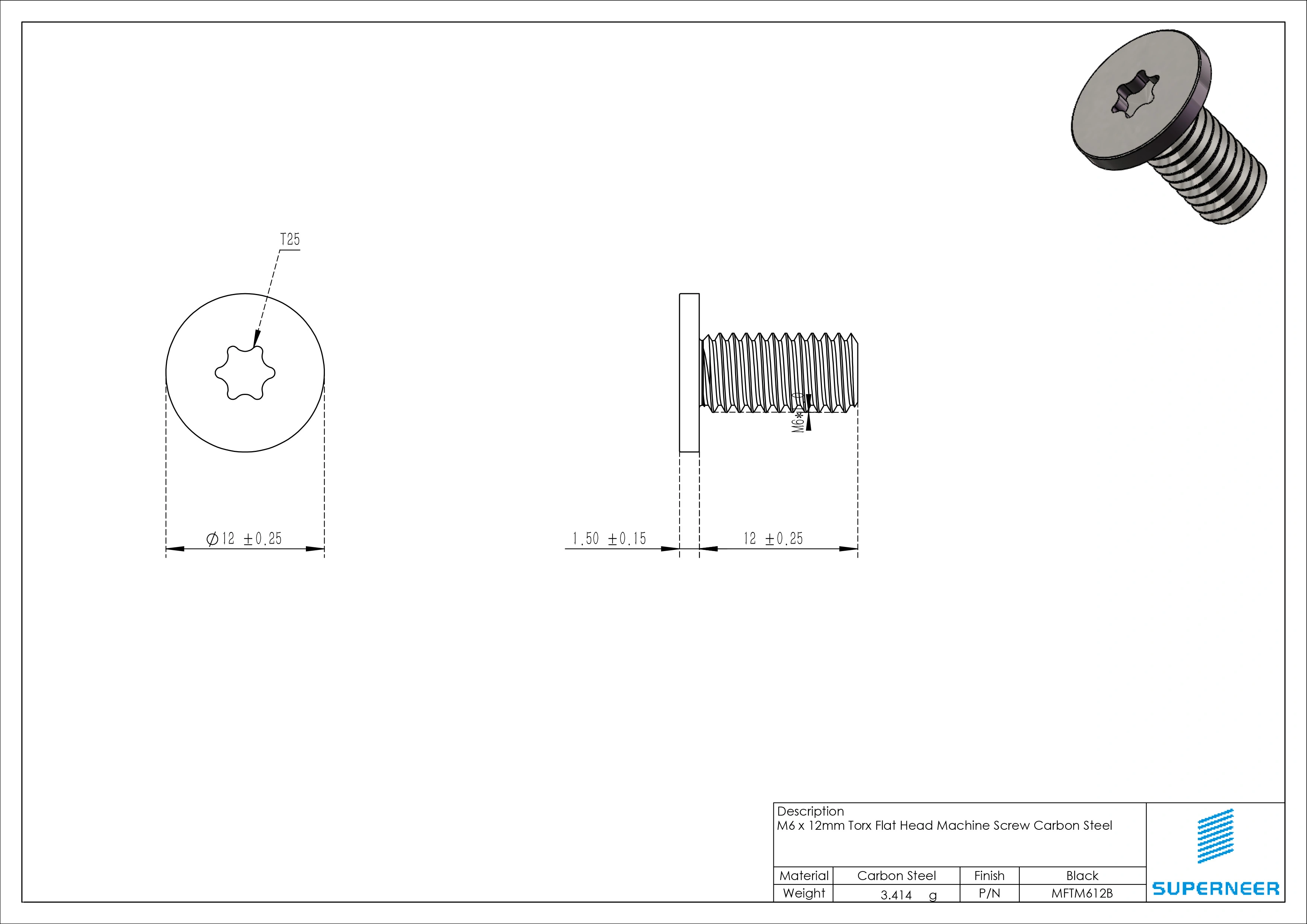 M6 x 12mm Torx Flat Head Machine Screw Carbon Steel Black