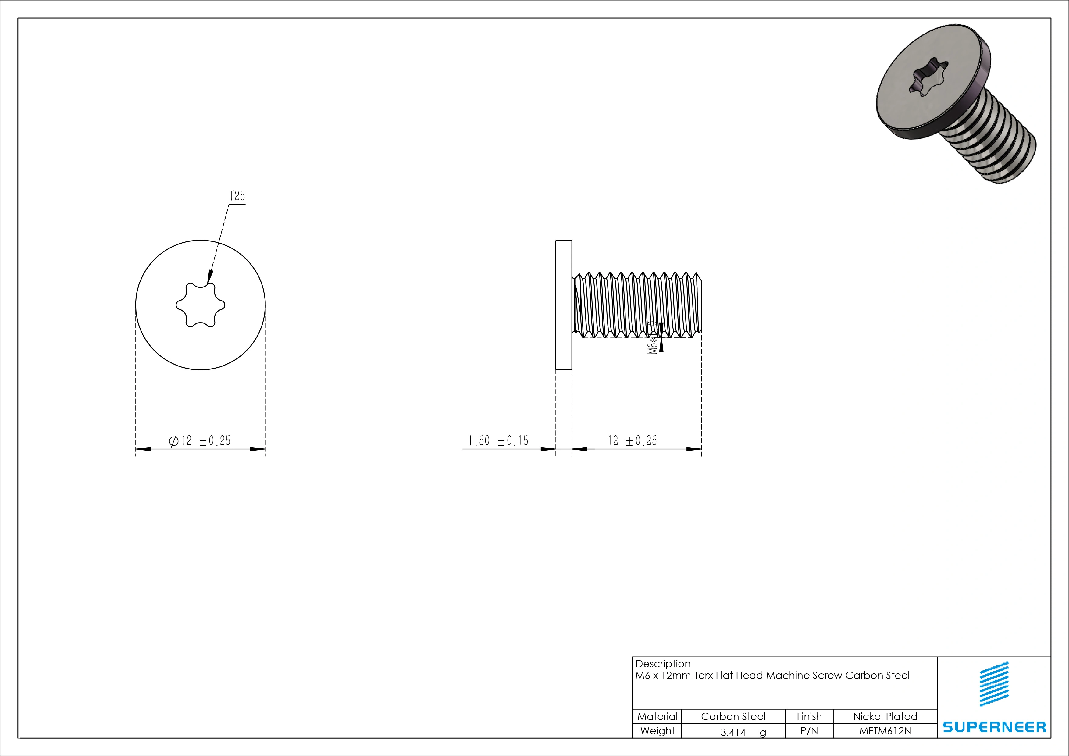 M6 x 12mm Torx Flat Head Machine Screw Carbon Steel Nickel Plated