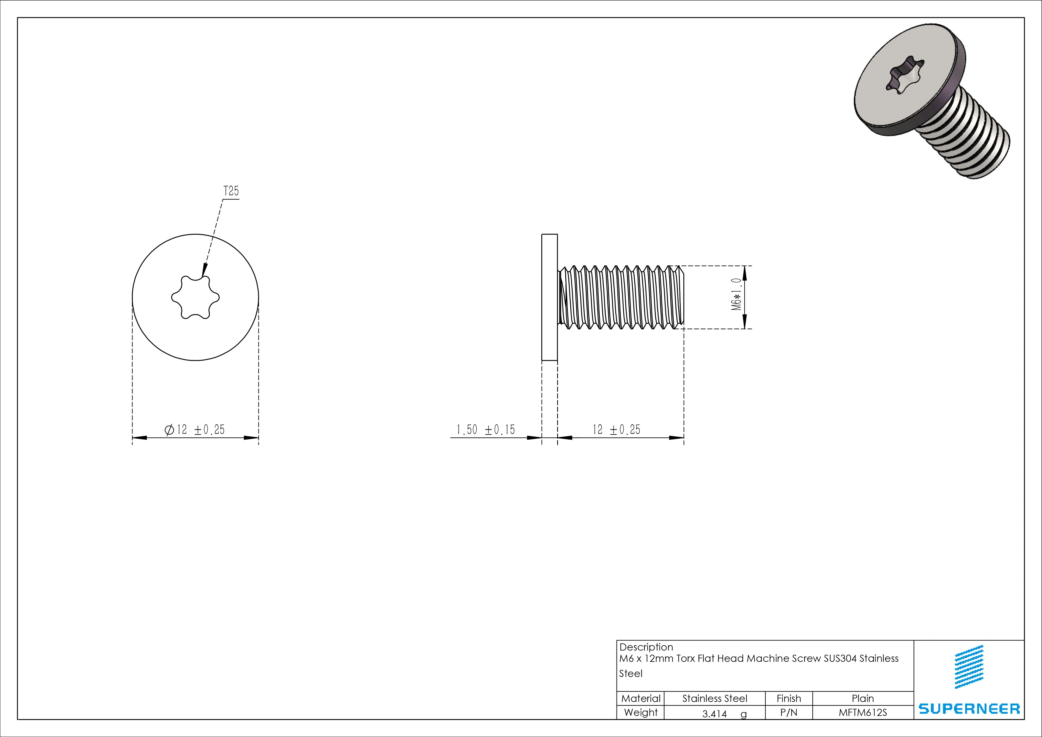 M6 x 12mm Torx Flat Head Machine Screw SUS304 Stainless Steel Inox 