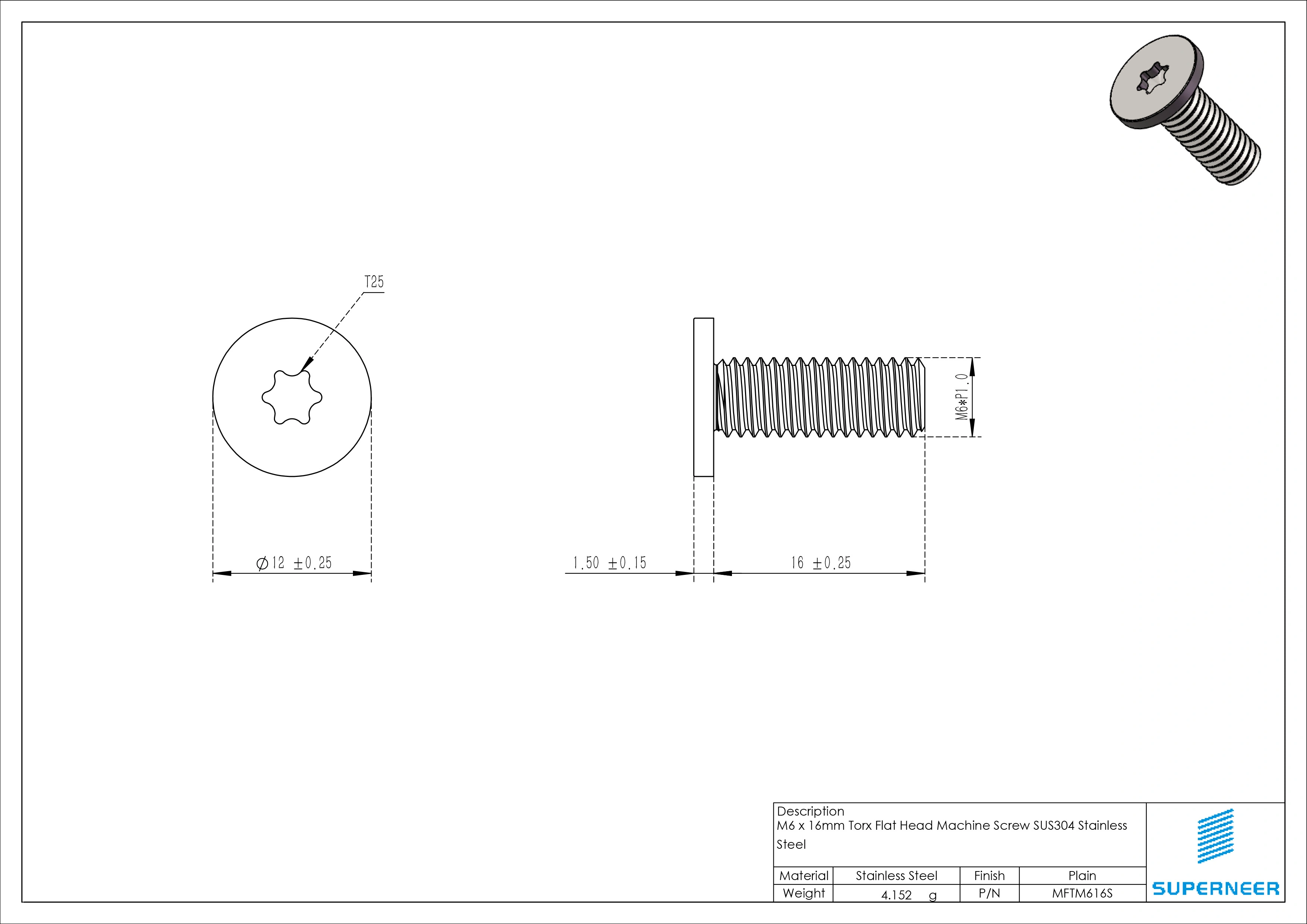 M6 x 16mm Torx Flat Head Machine Screw SUS304 Stainless Steel Inox 