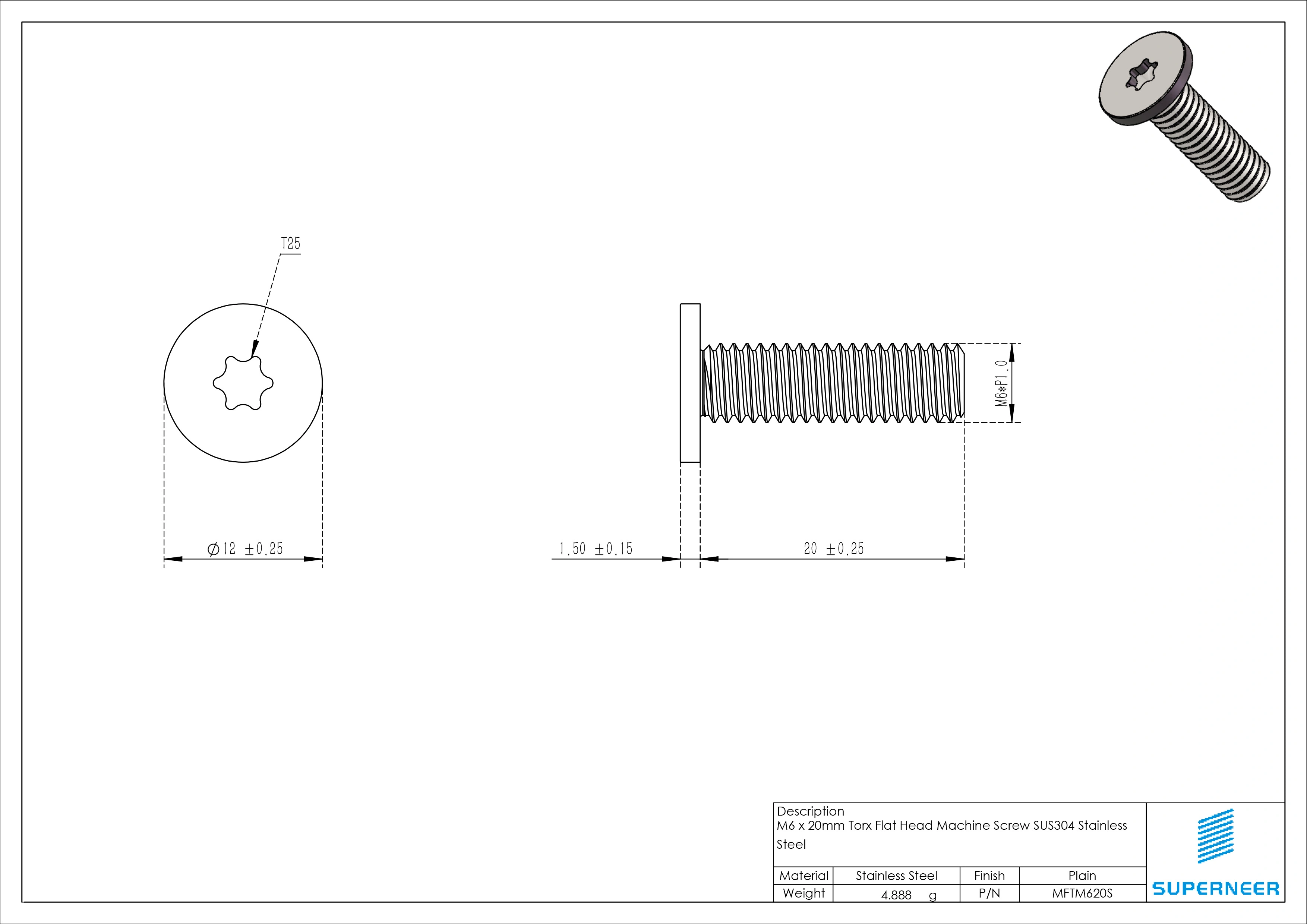 M6 x 20mm Torx Flat Head Machine Screw SUS304 Stainless Steel Inox 