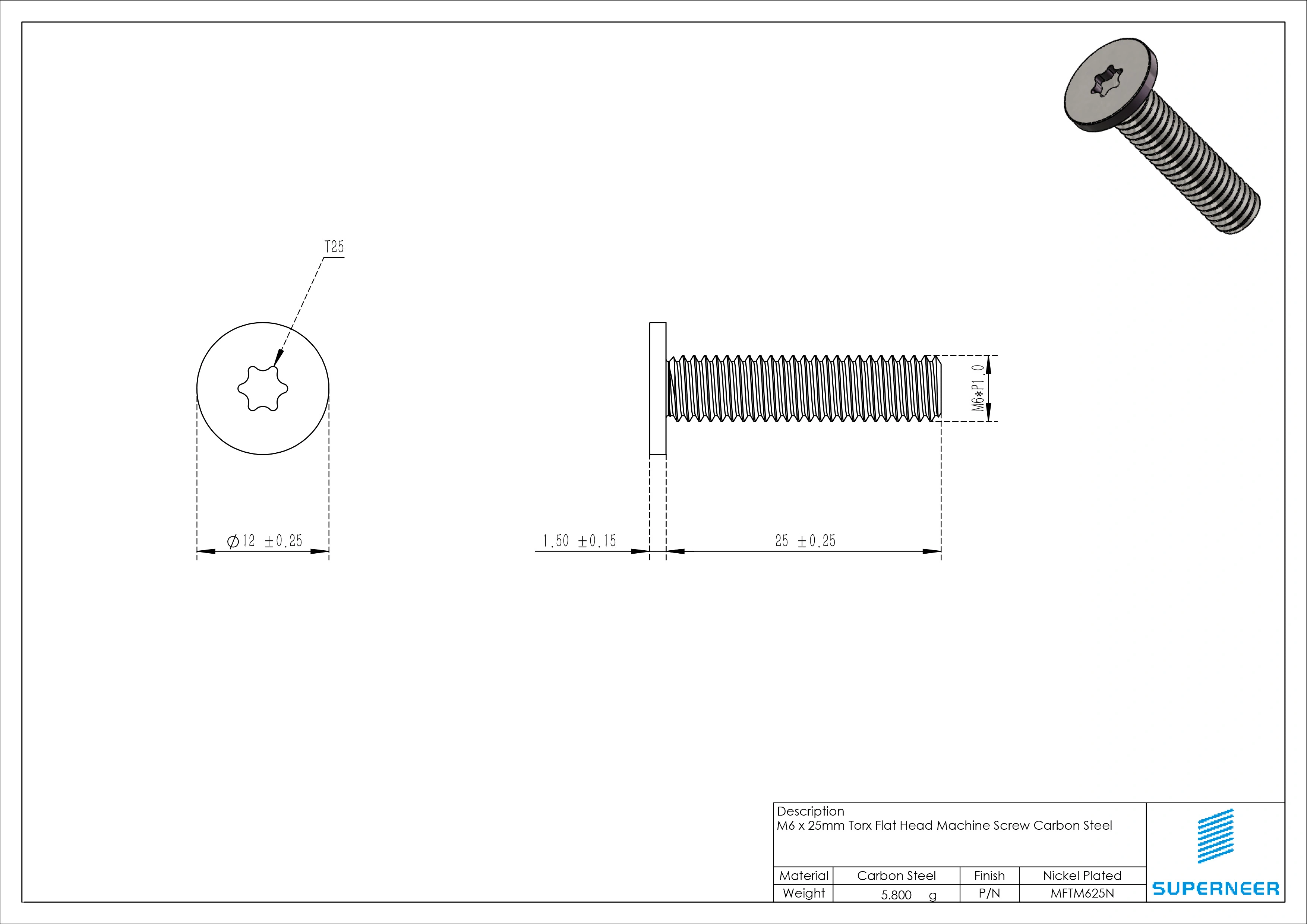 M6 x 25mm Torx Flat Head Machine Screw Carbon Steel Nickel Plated