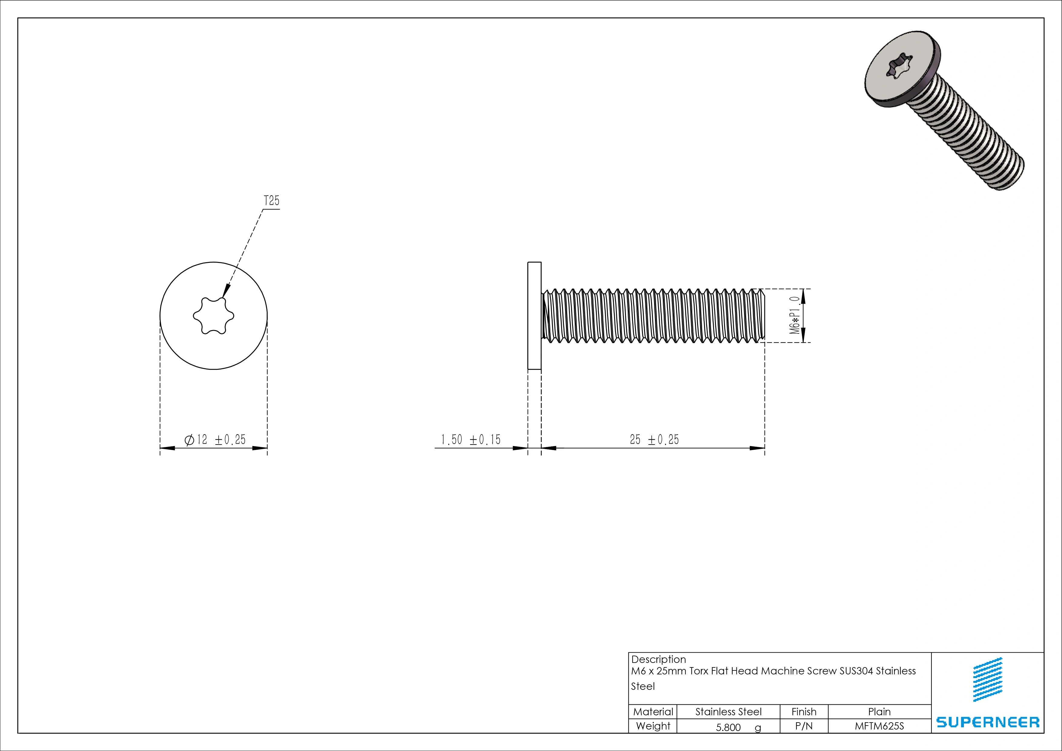 M6 x 25mm Torx Flat Head Machine Screw SUS304 Stainless Steel Inox 