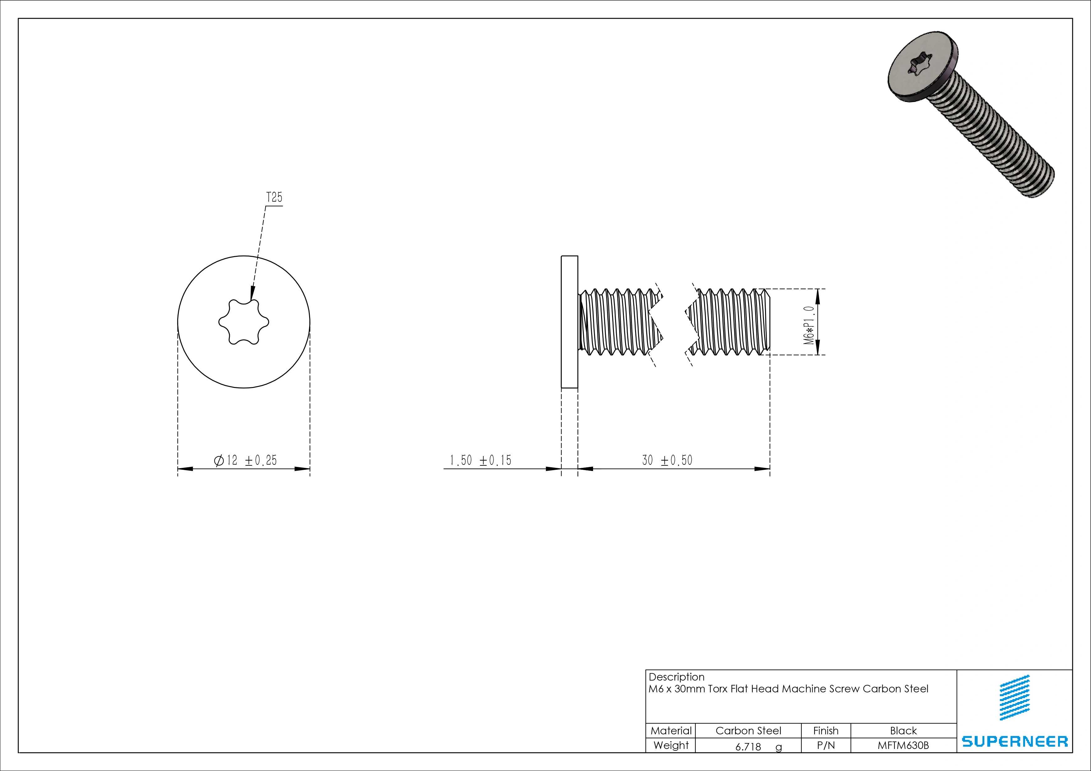 M6 x 30mm Torx Flat Head Machine Screw Carbon Steel Black