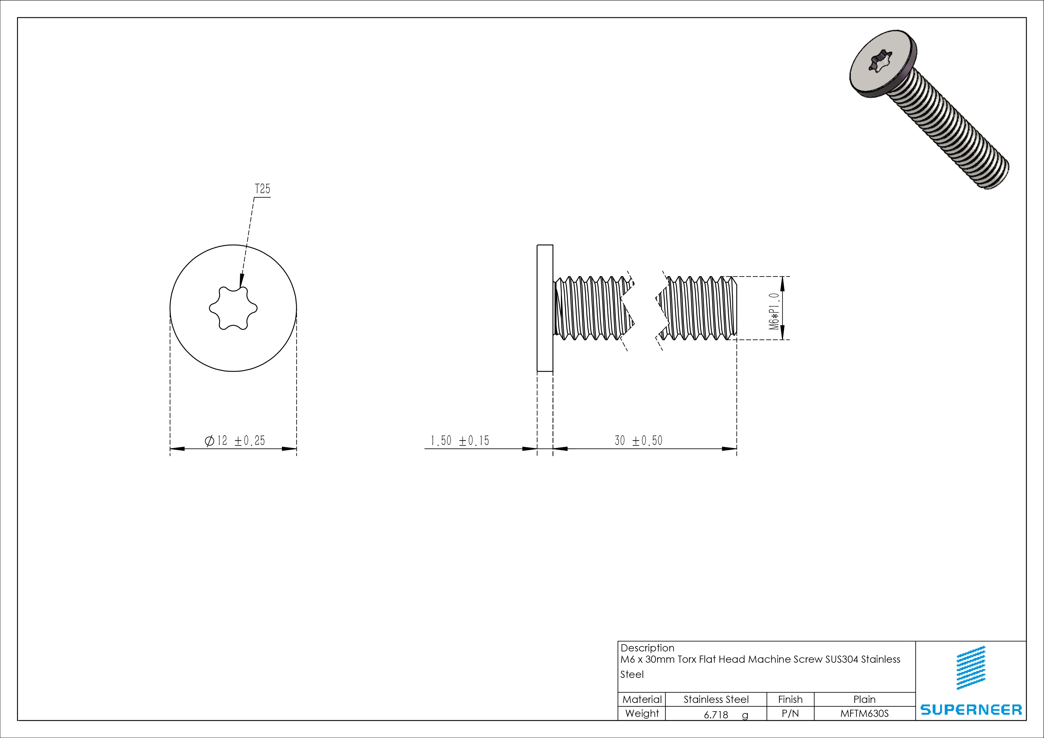 M6 x 30mm Torx Flat Head Machine Screw SUS304 Stainless Steel Inox 