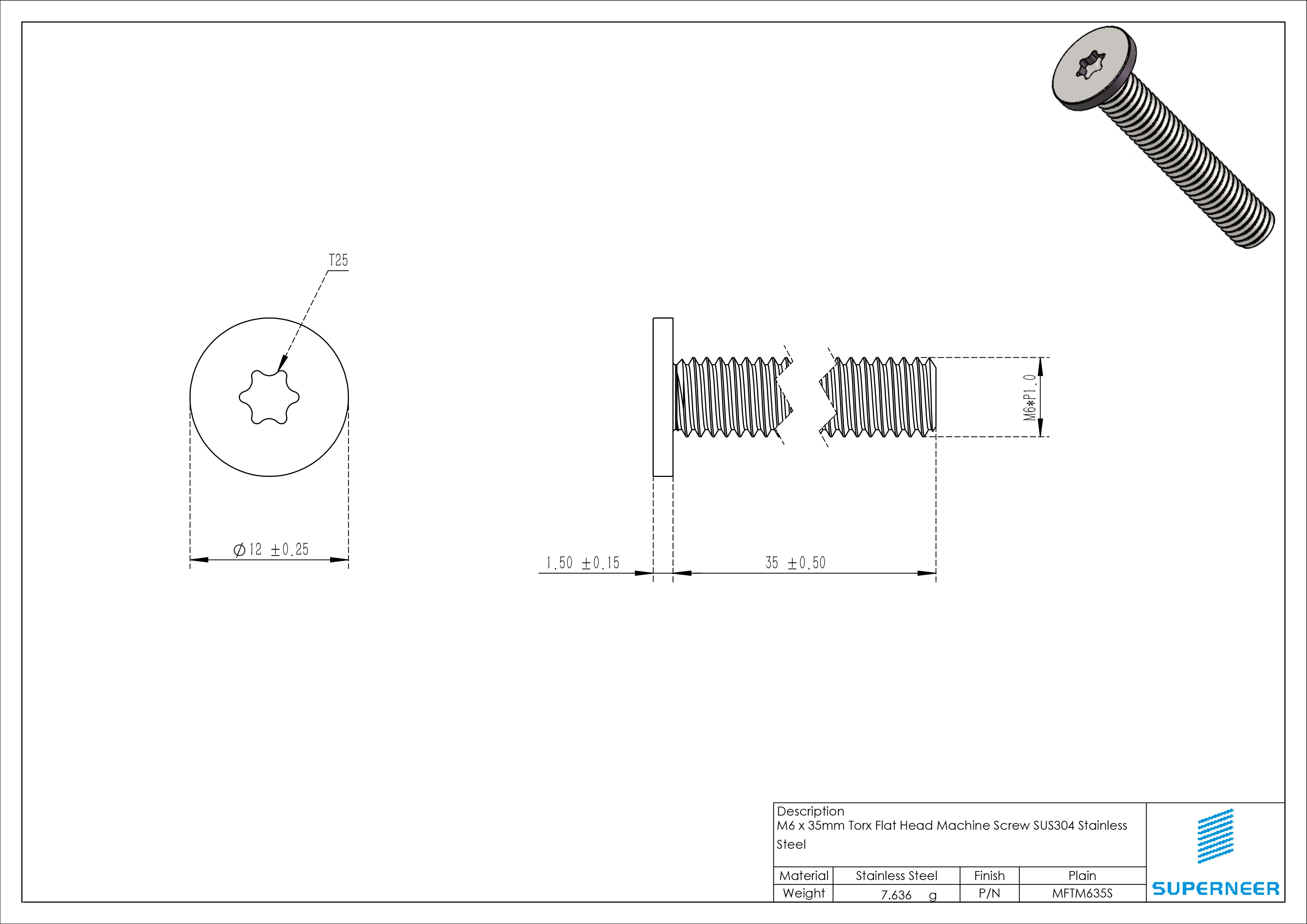 M6 x 35mm Torx Flat Head Machine Screw SUS304 Stainless Steel Inox 