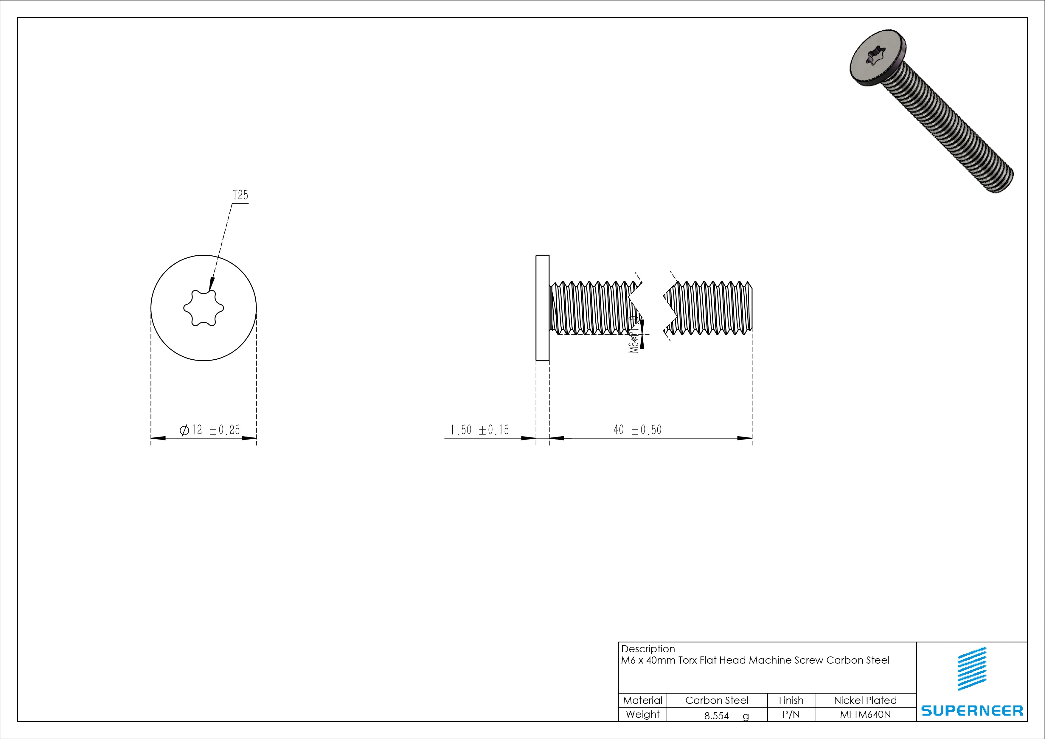 M6 x 40mm Torx Flat Head Machine Screw Carbon Steel Nickel Plated