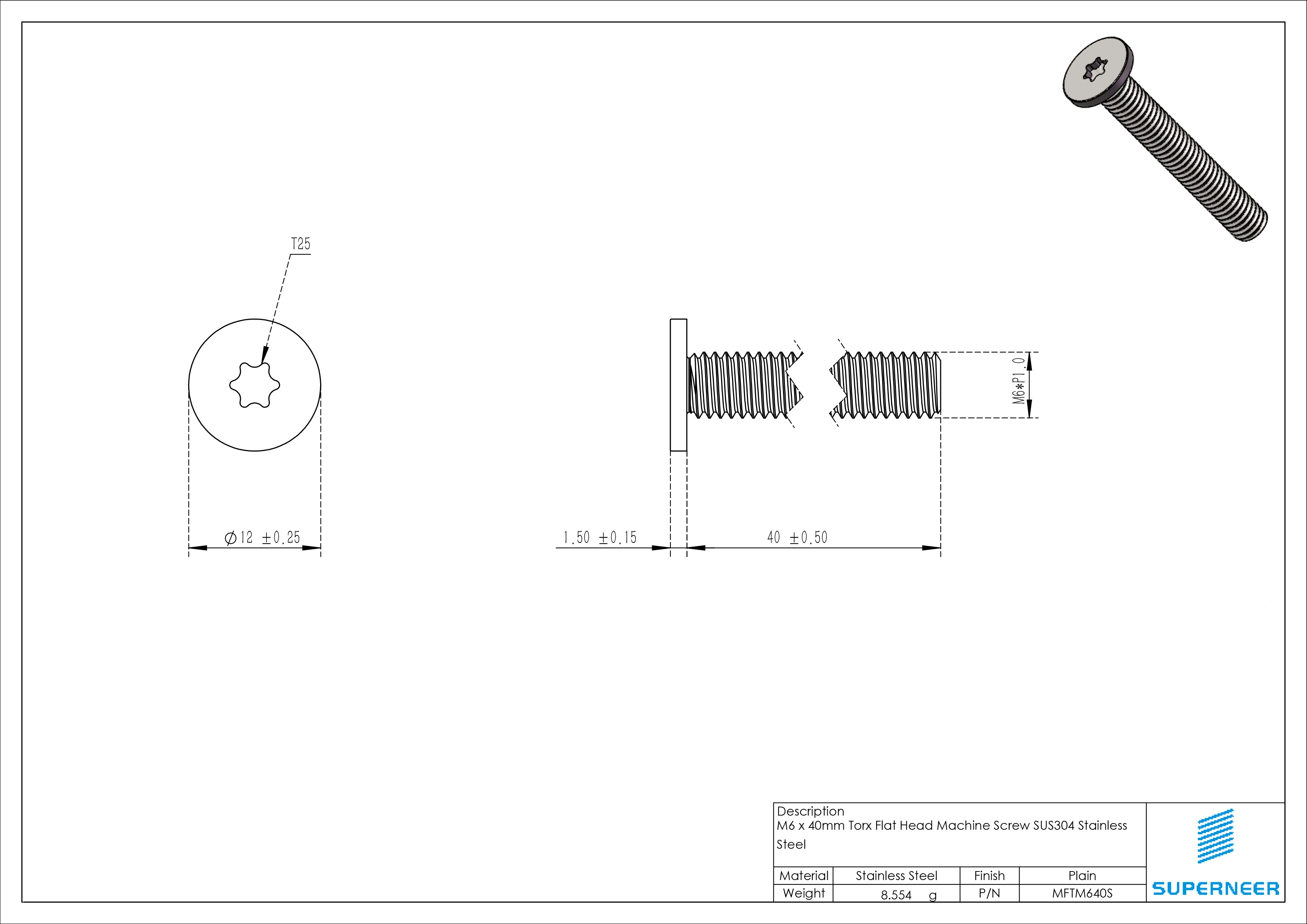 M6 x 40mm Torx Flat Head Machine Screw SUS304 Stainless Steel Inox 