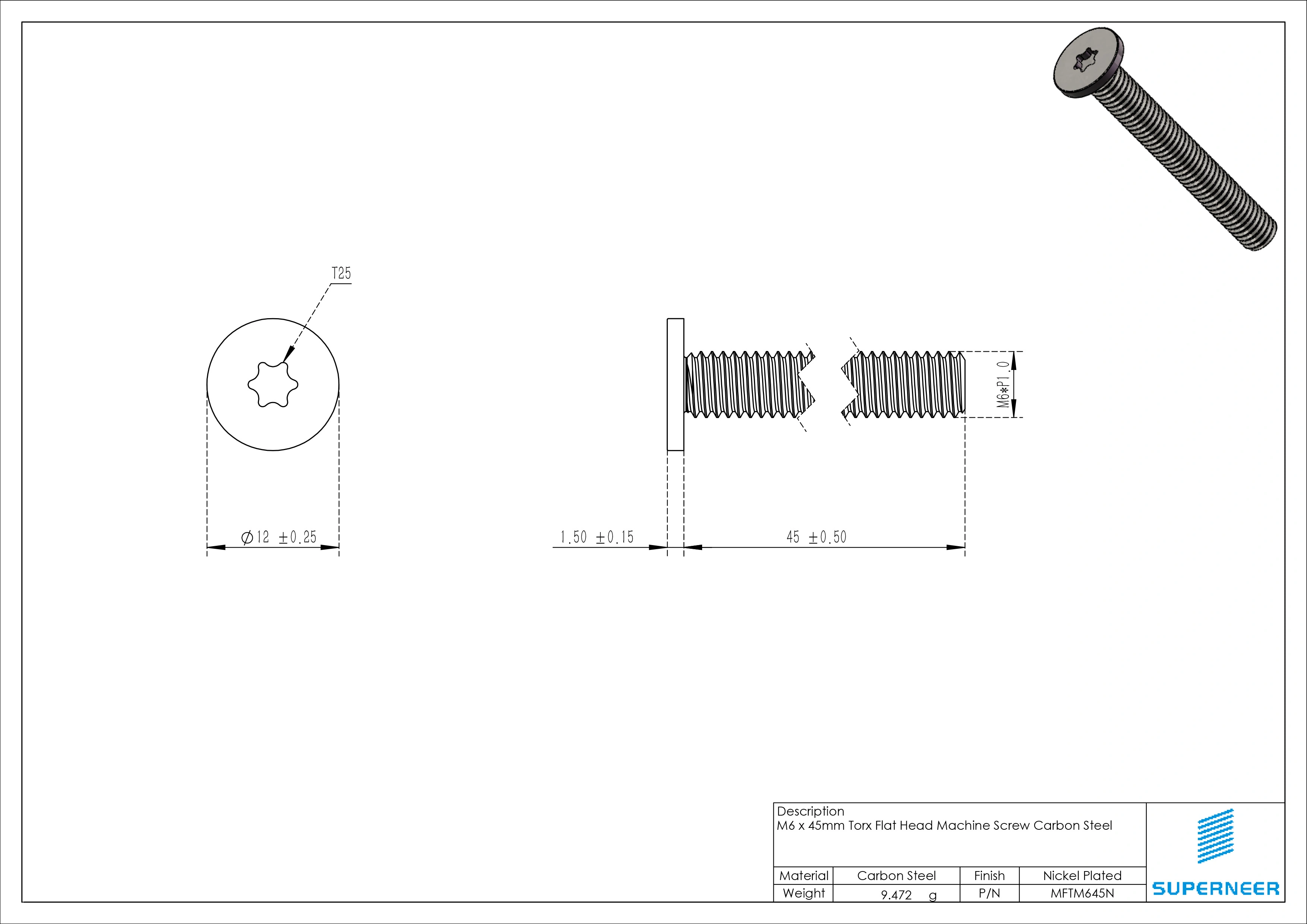 M6 x 45mm Torx Flat Head Machine Screw Carbon Steel Nickel Plated