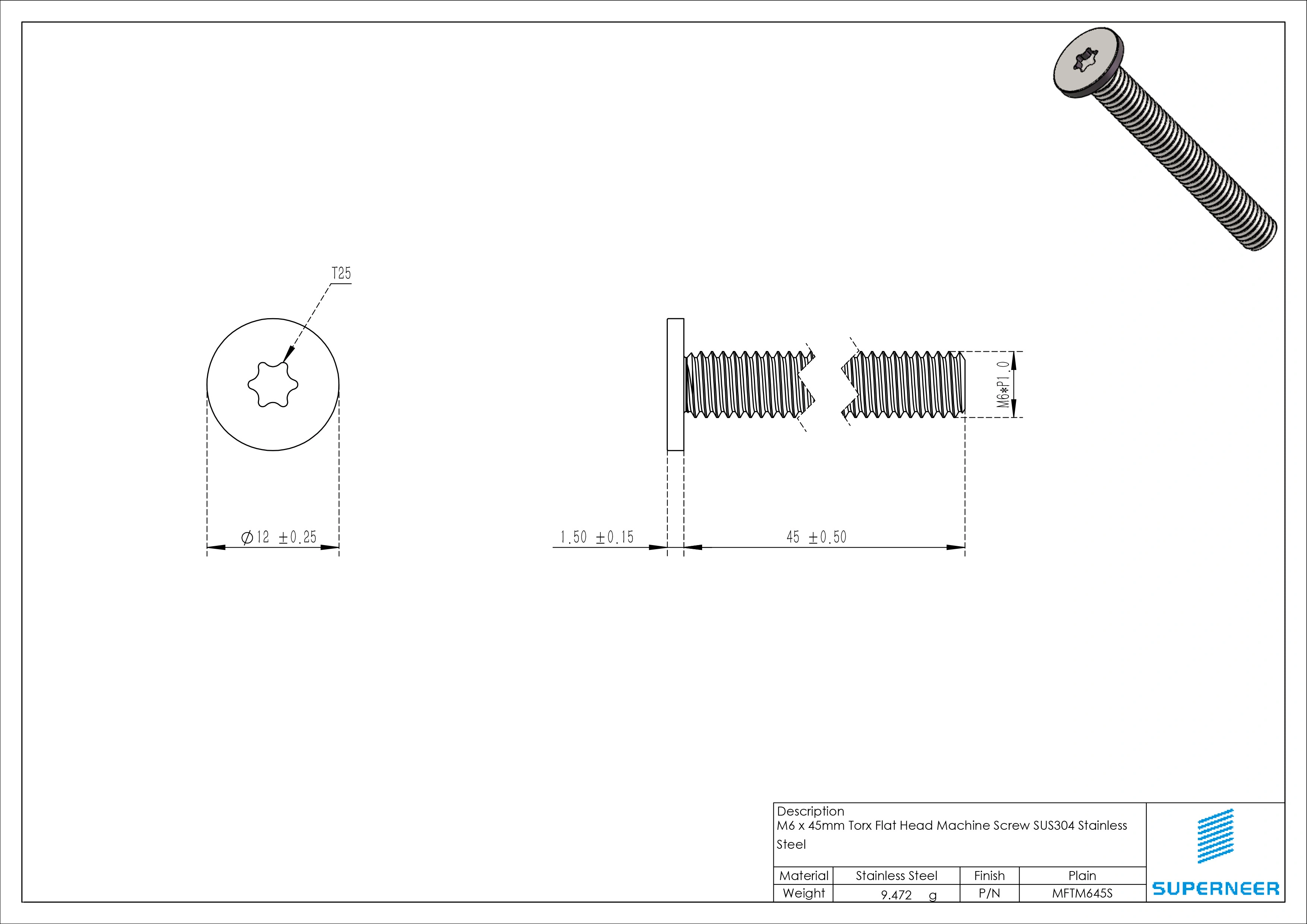 M6 x 45mm Torx Flat Head Machine Screw SUS304 Stainless Steel Inox 