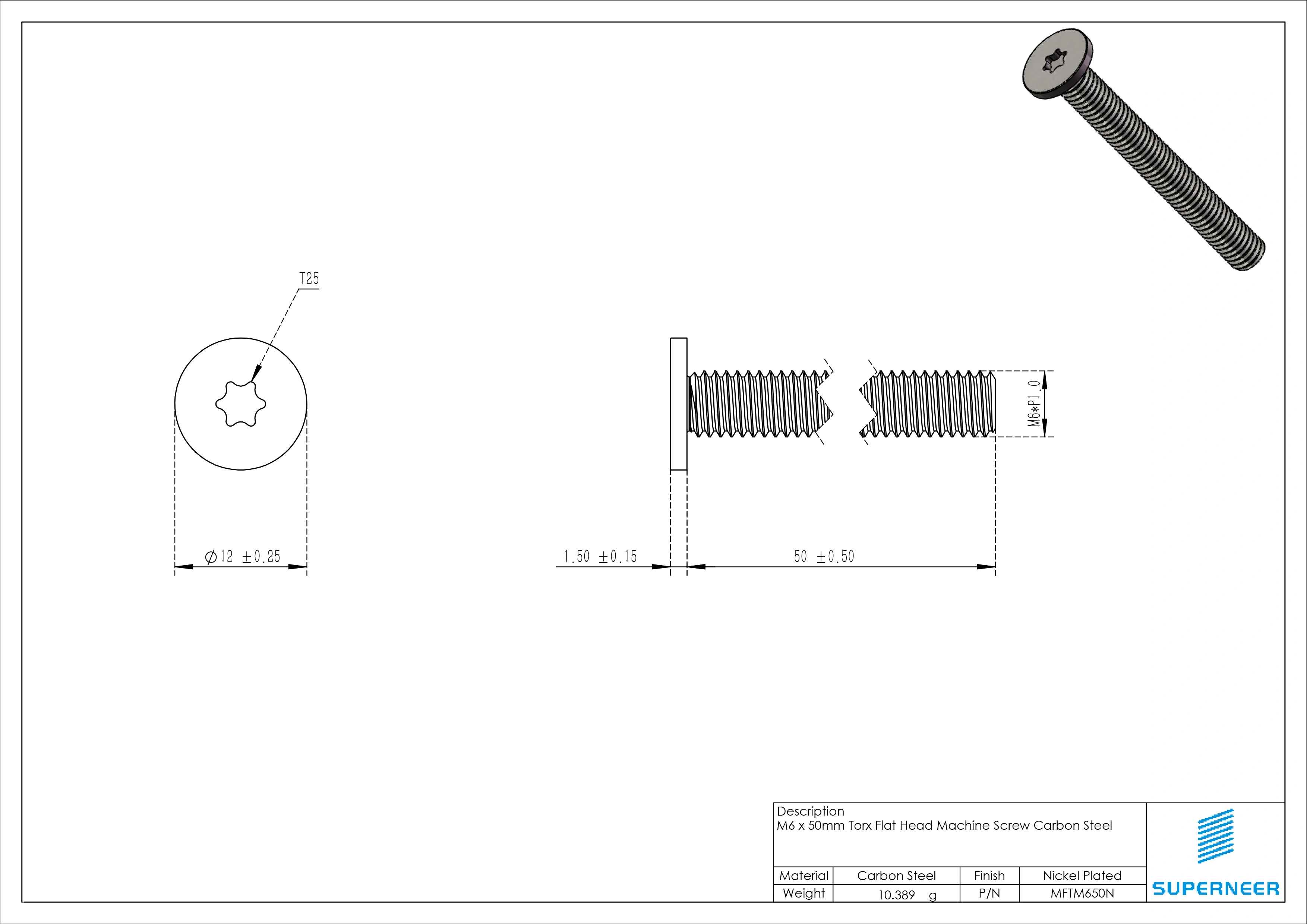 M6 x 50mm Torx Flat Head Machine Screw Carbon Steel Nickel Plated