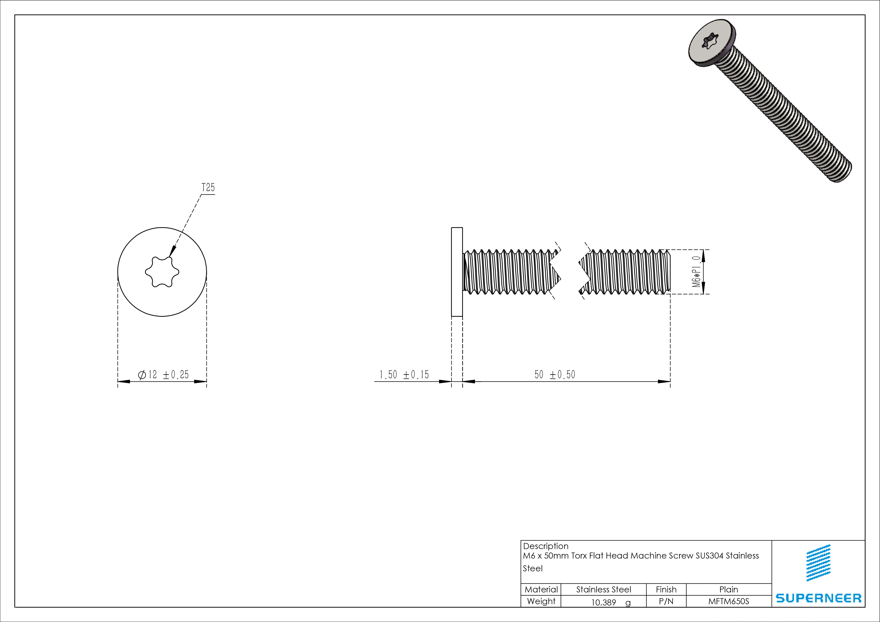 M6 x 50mm Torx Flat Head Machine Screw SUS304 Stainless Steel Inox 