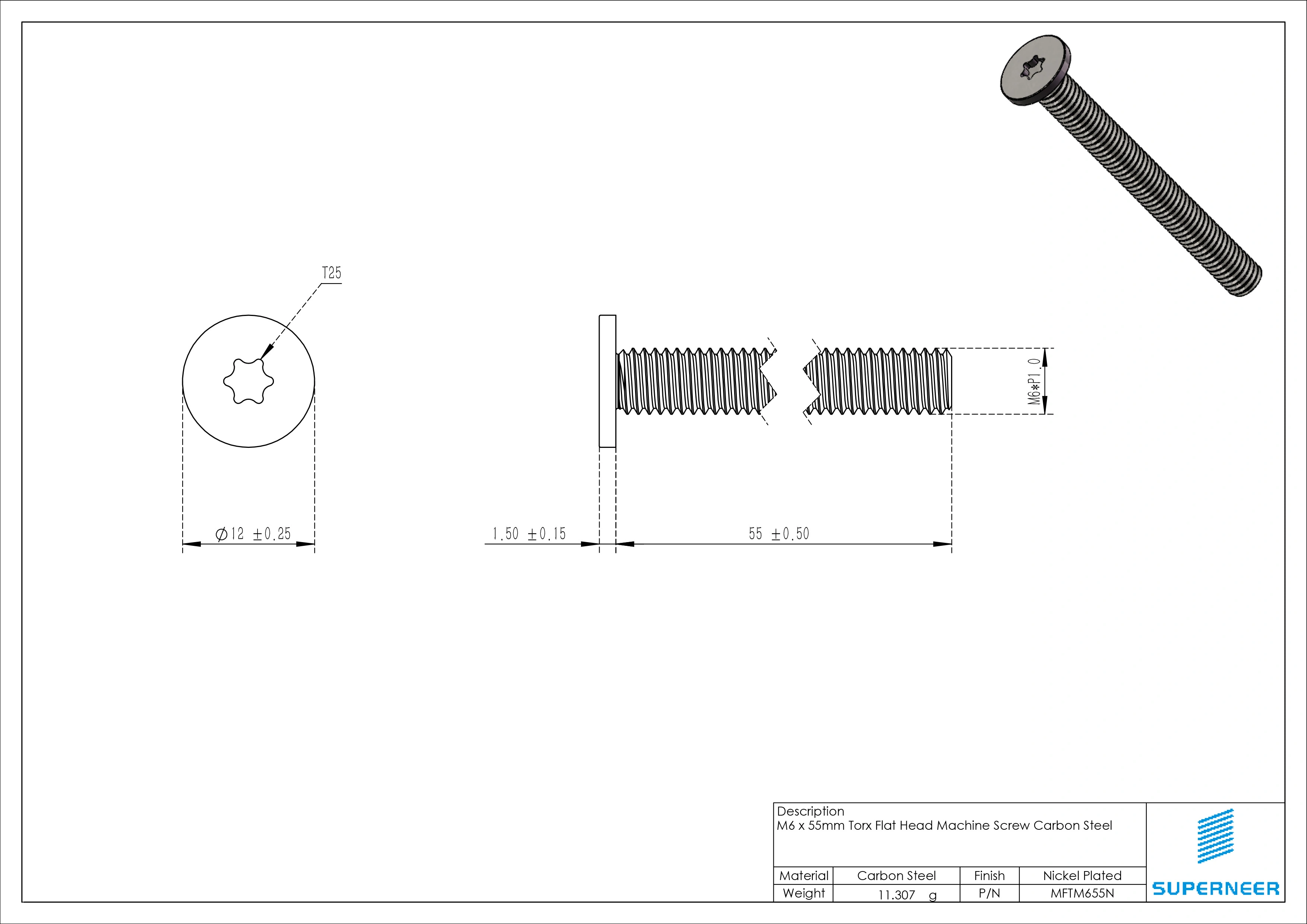 M6 x 55mm Torx Flat Head Machine Screw Carbon Steel Nickel Plated