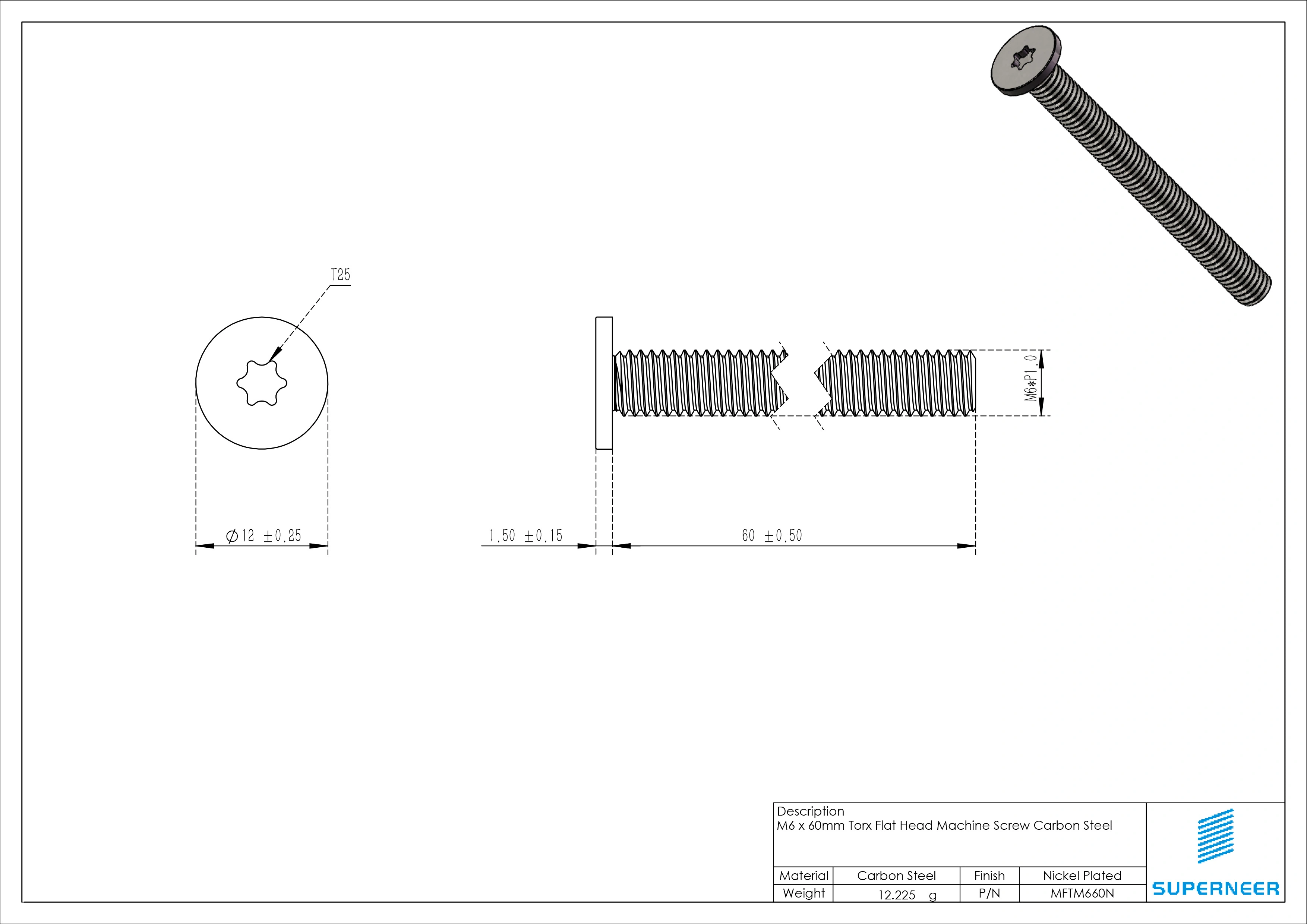 M6 x 60mm Torx Flat Head Machine Screw Carbon Steel Nickel Plated