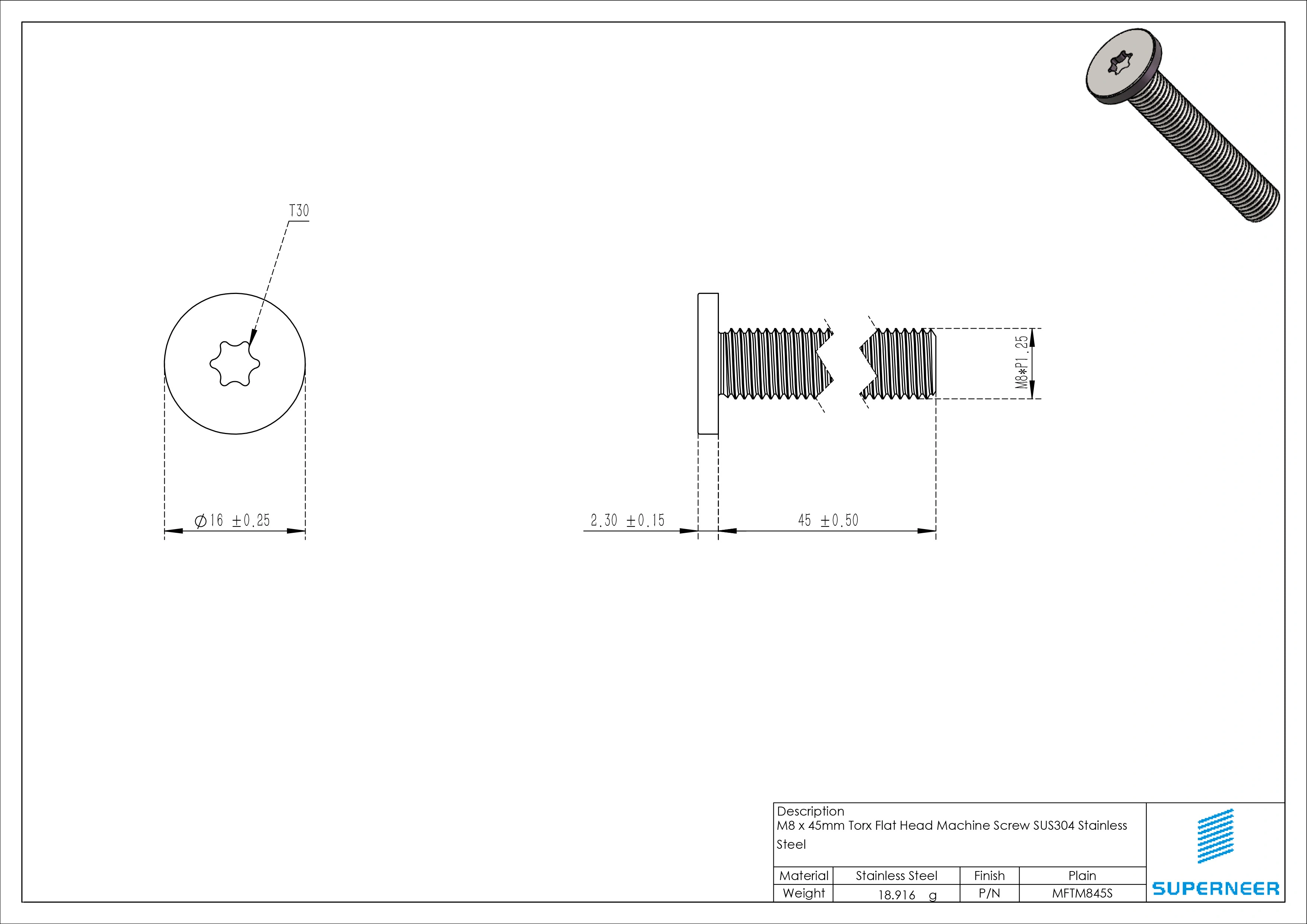 M8 x 45mm Torx Flat Head Machine Screw SUS304 Stainless Steel Inox 