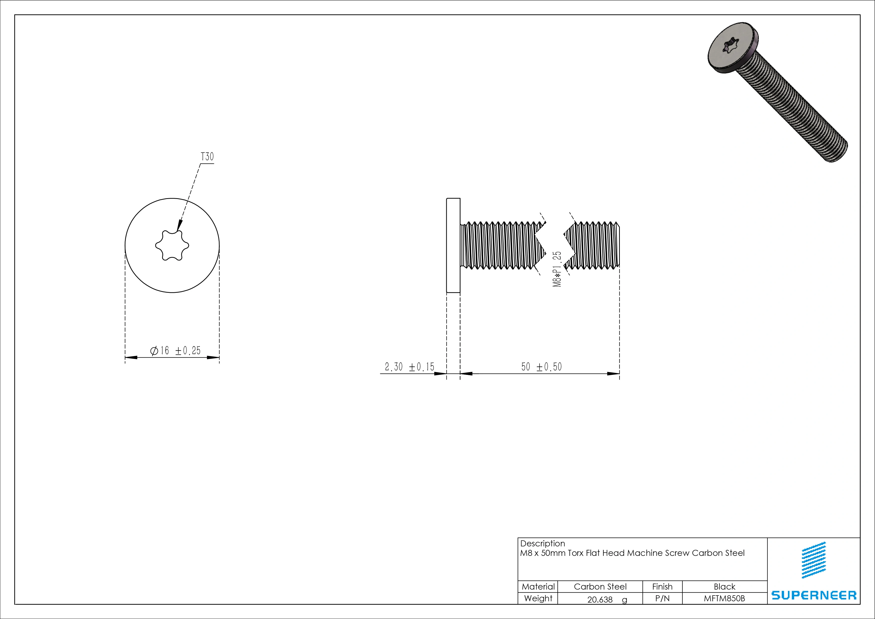 M8 x 50mm Torx Flat Head Machine Screw Carbon Steel Black