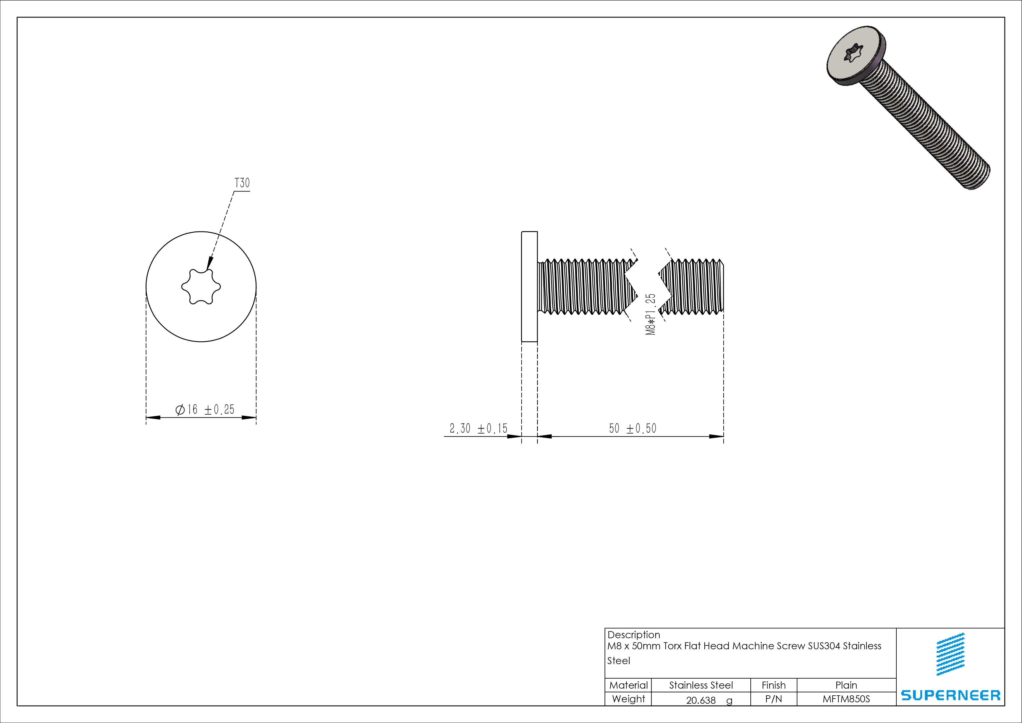 M8 x 50mm Torx Flat Head Machine Screw SUS304 Stainless Steel Inox 