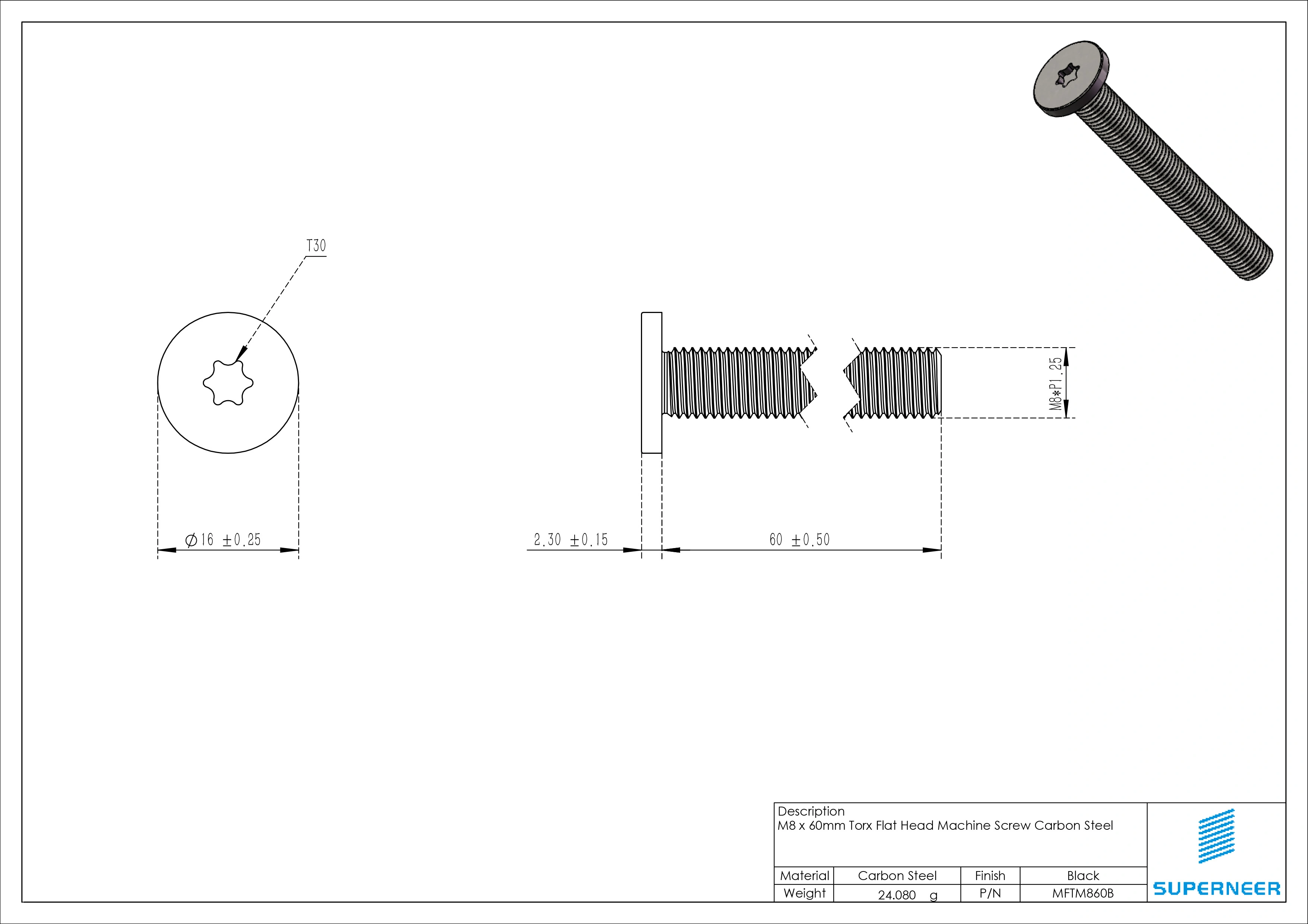 M8 x 60mm Torx Flat Head Machine Screw Carbon Steel Black