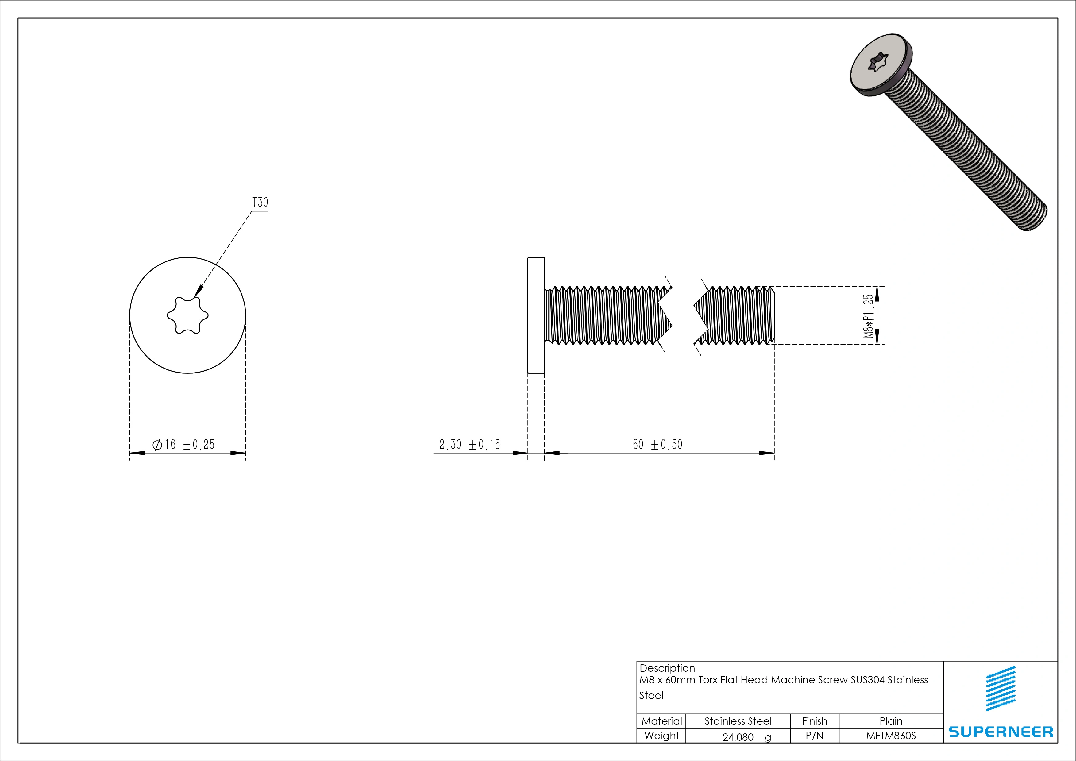 M8 x 60mm Torx Flat Head Machine Screw SUS304 Stainless Steel Inox 