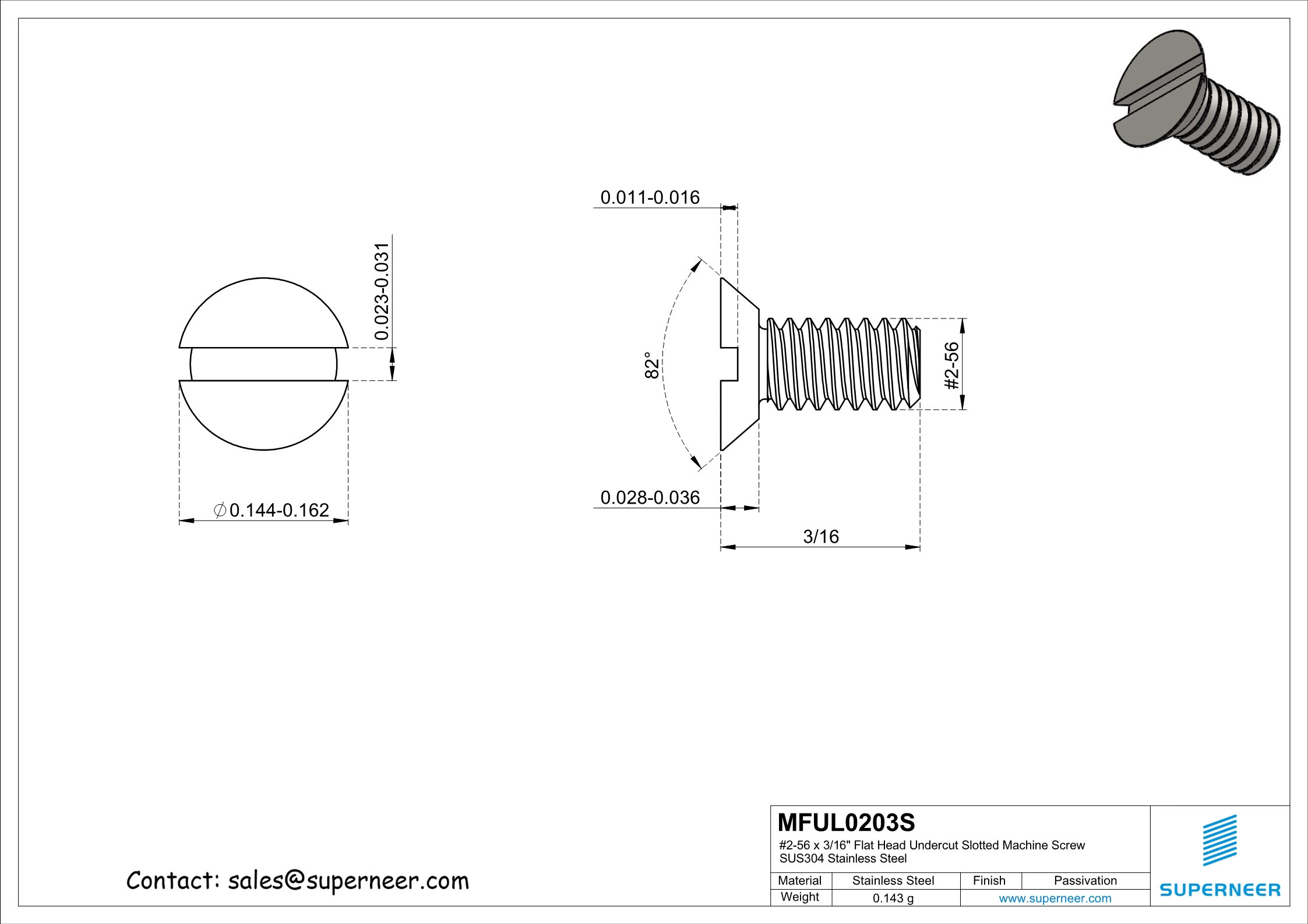 2-56 x 3/16" Flat Head Undercut Slotted Machine Screw SUS304 Stainless Steel Inox