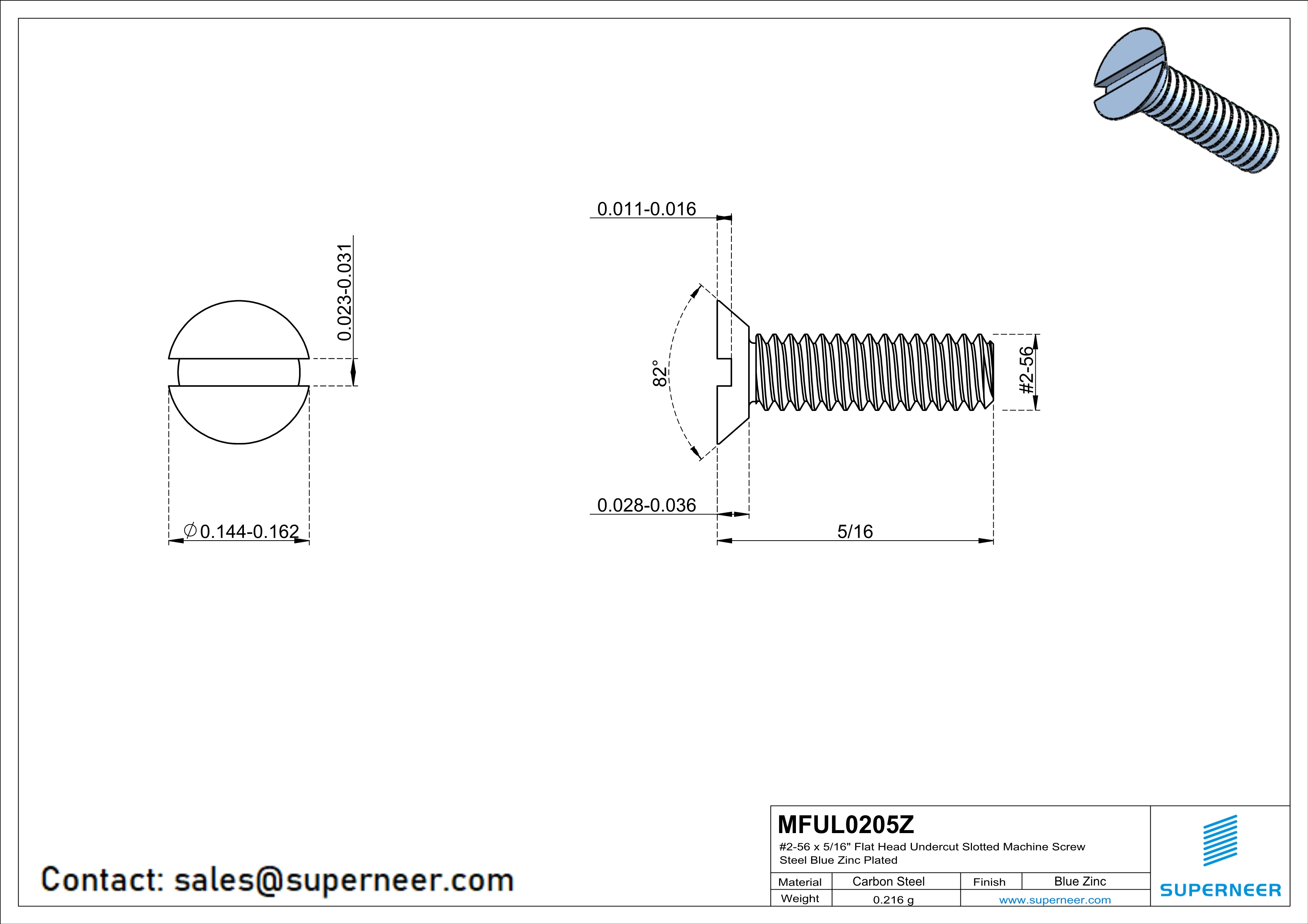 2-56 x 5/16" Flat Head Undercut Slotted Machine Screw Steel Blue Zinc Plated