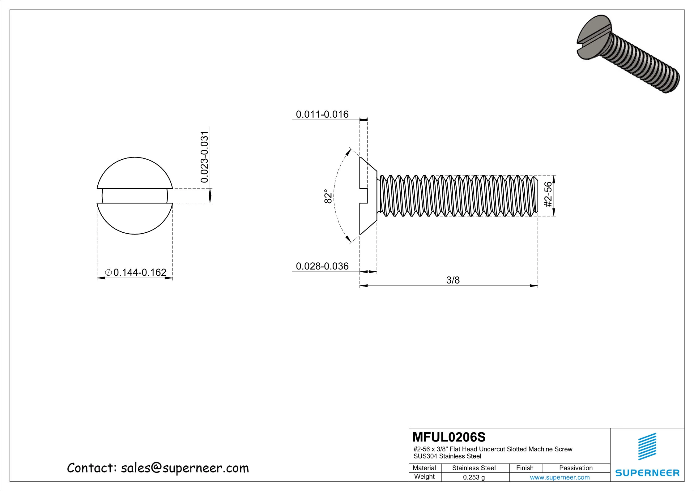 2-56 x 3/8" Flat Head Undercut Slotted Machine Screw SUS304 Stainless Steel Inox