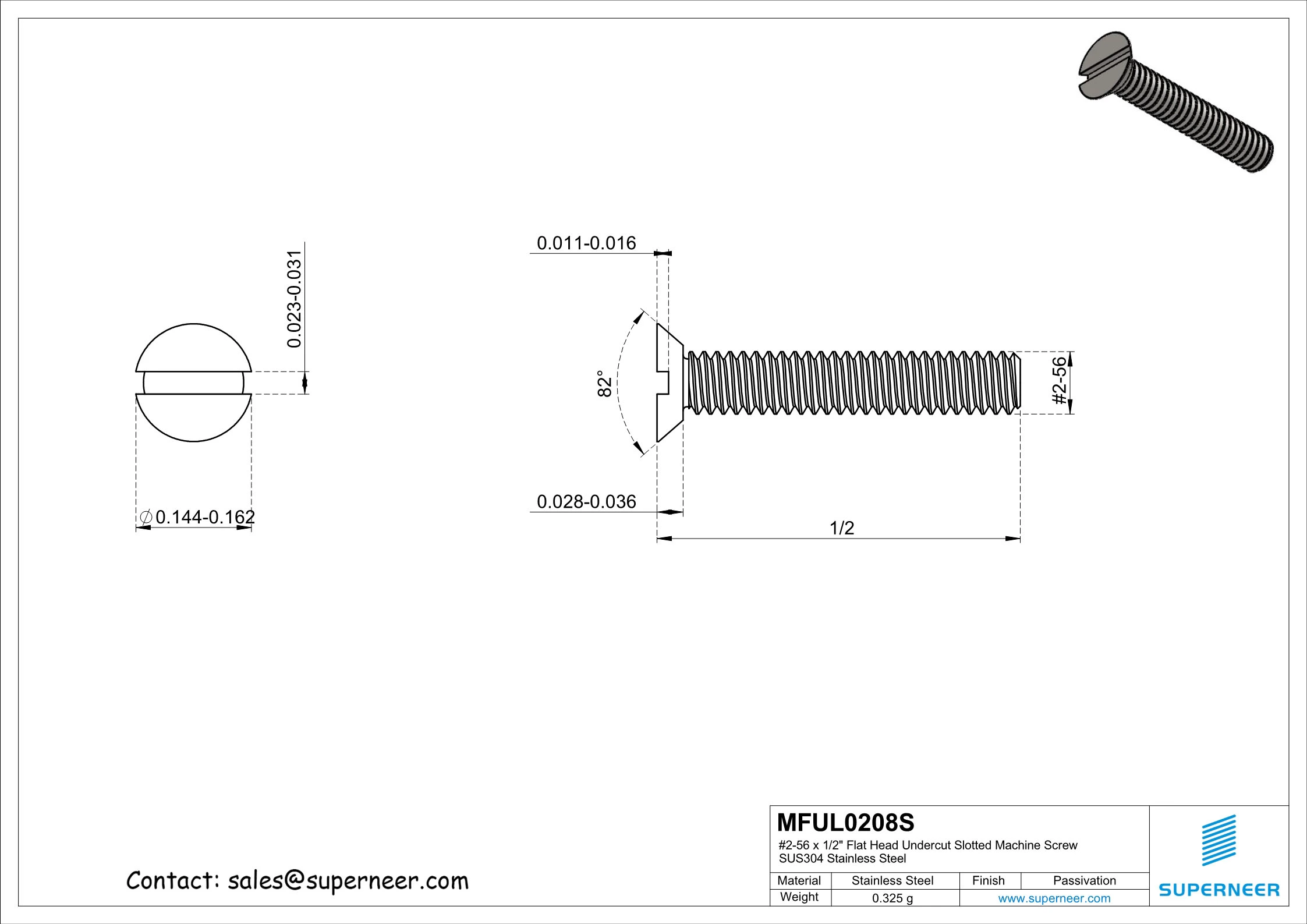 2-56 x 1/2"  Flat Head Undercut Slotted Machine Screw SUS304 Stainless Steel Inox