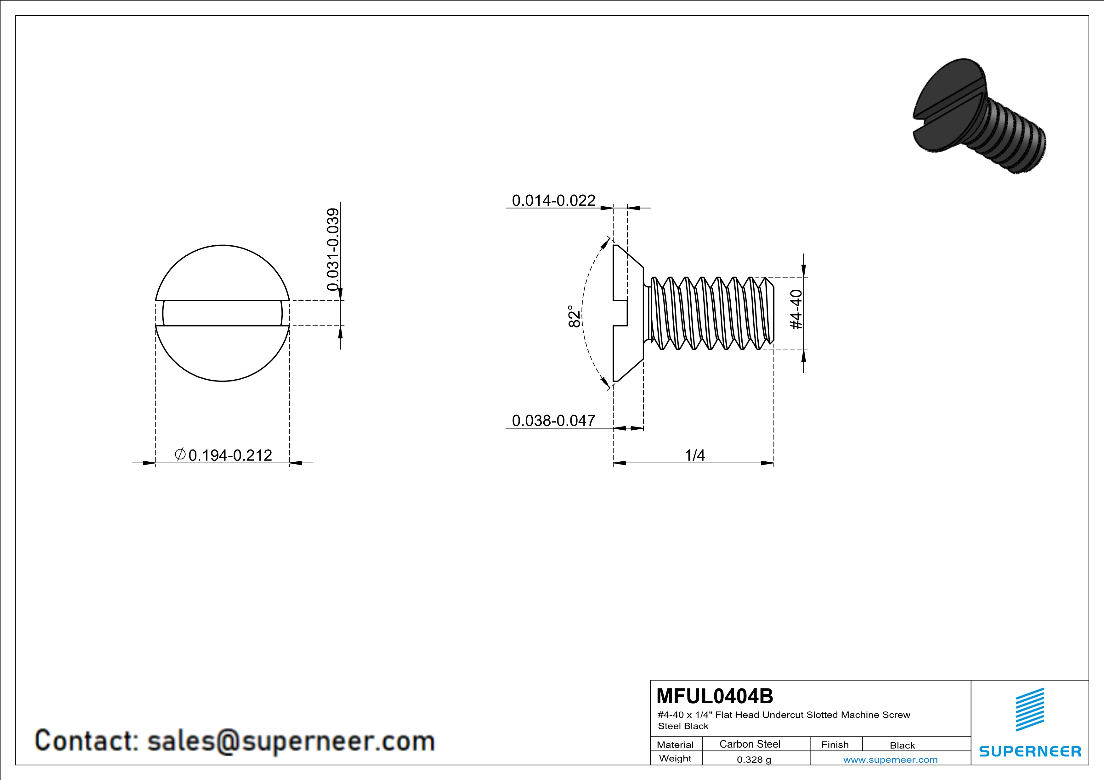 4-40 x 1/4" Flat Head Undercut Slotted Machine Screw Steel Black