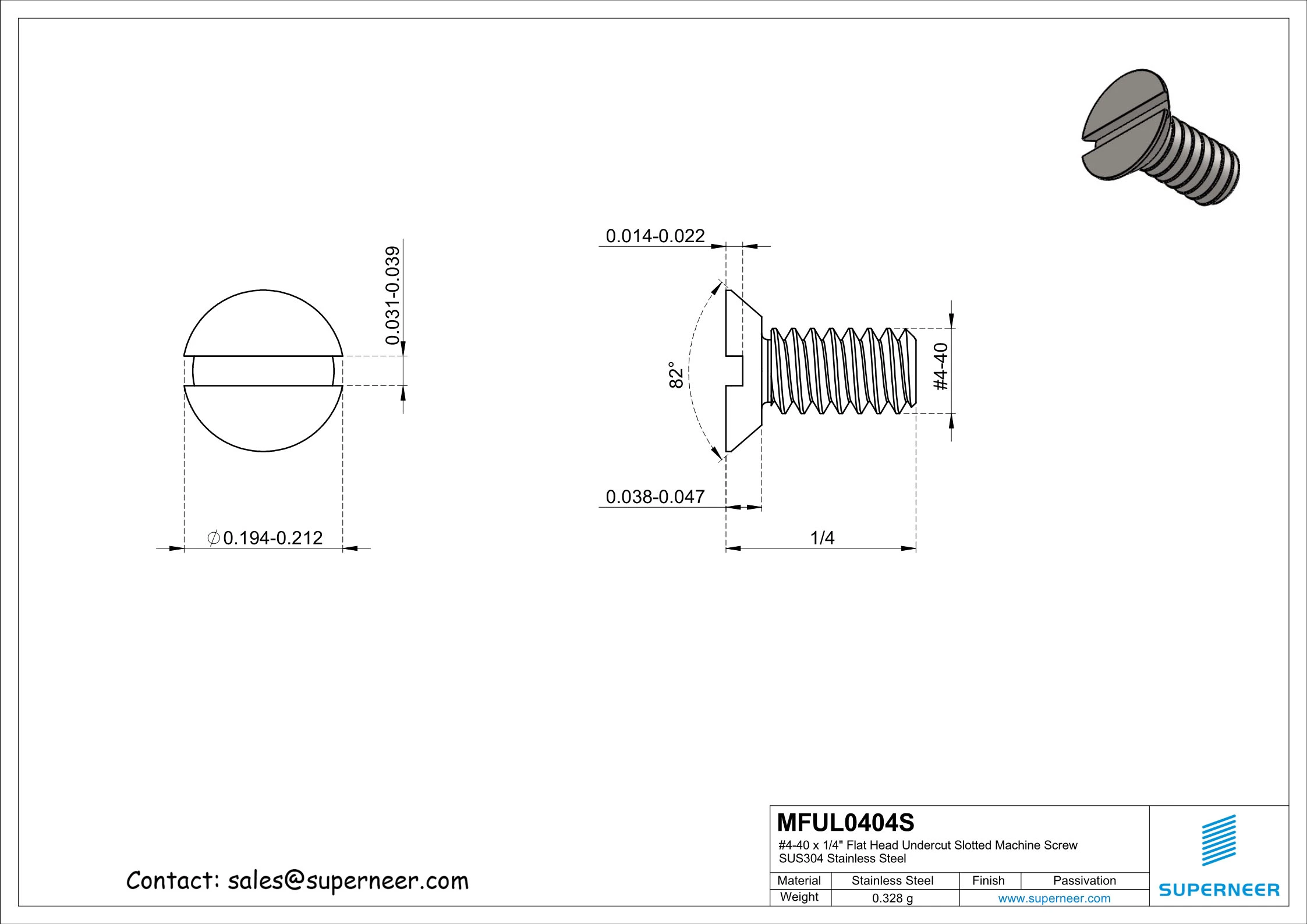 4-40 x 1/4" Flat Head Undercut Slotted Machine Screw SUS304 Stainless Steel Inox