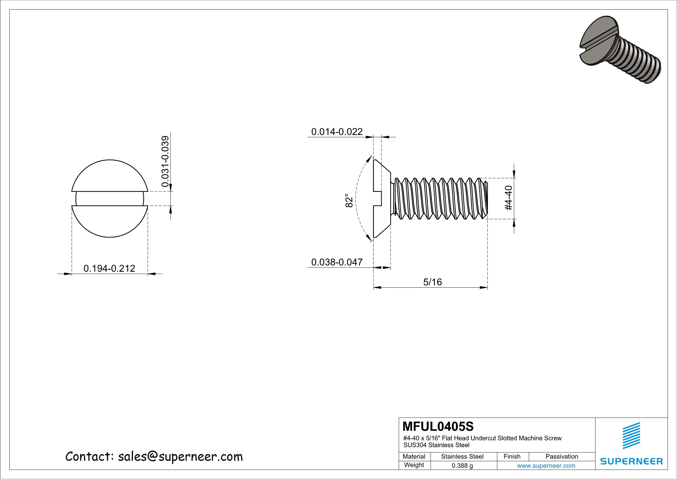 4-40 x 5/16" Flat Head Undercut Slotted Machine Screw SUS304 Stainless Steel Inox