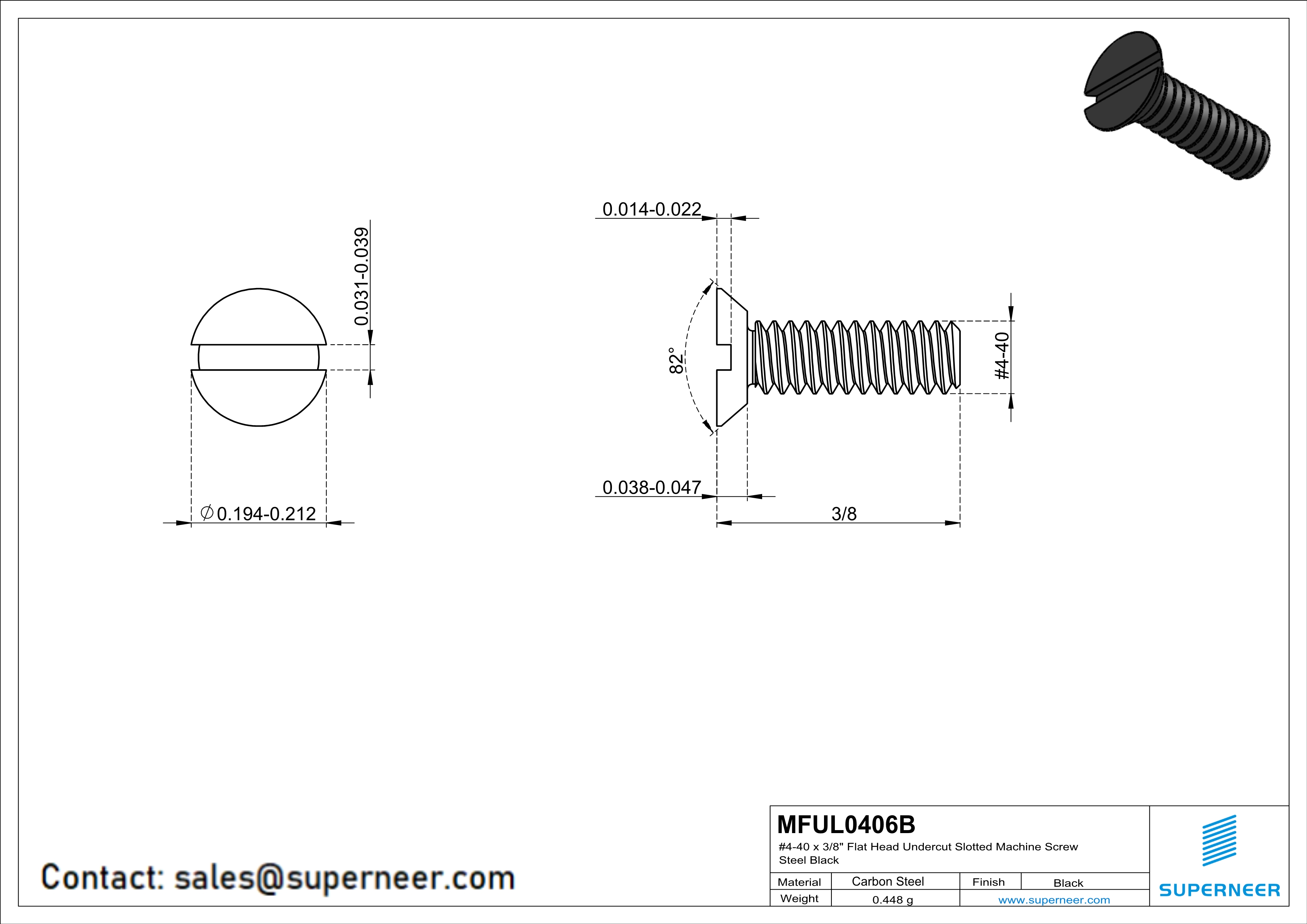 4-40 x 3/8" Flat Head Undercut Slotted Machine Screw Steel Black