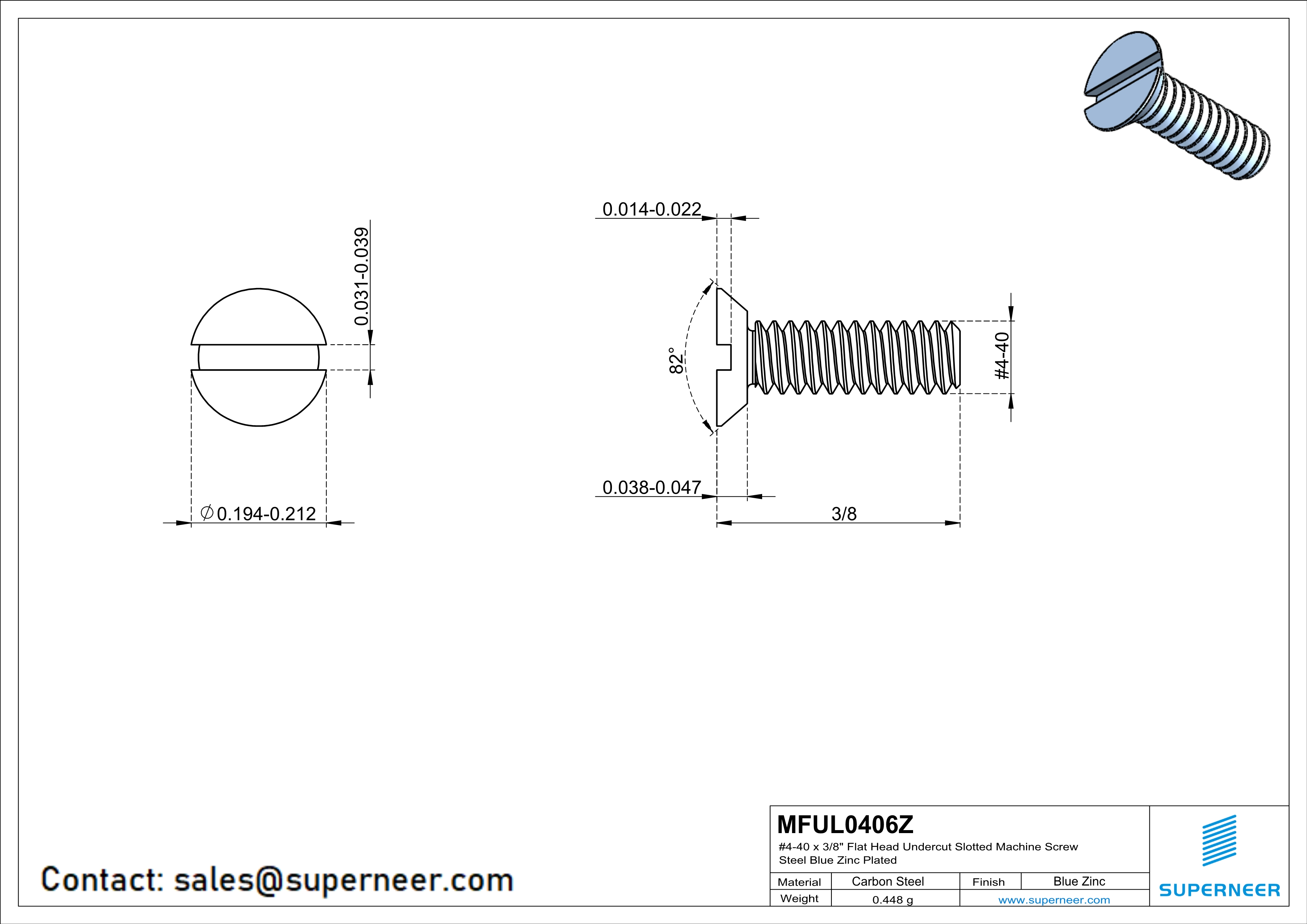 4-40 x 3/8" Flat Head Undercut Slotted Machine Screw Steel Blue Zinc Plated