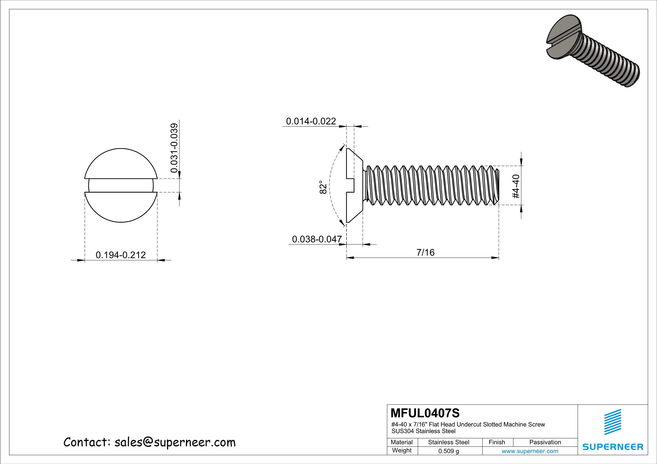 4-40 x 7/16" Flat Head Undercut Slotted Machine Screw SUS304 Stainless Steel Inox