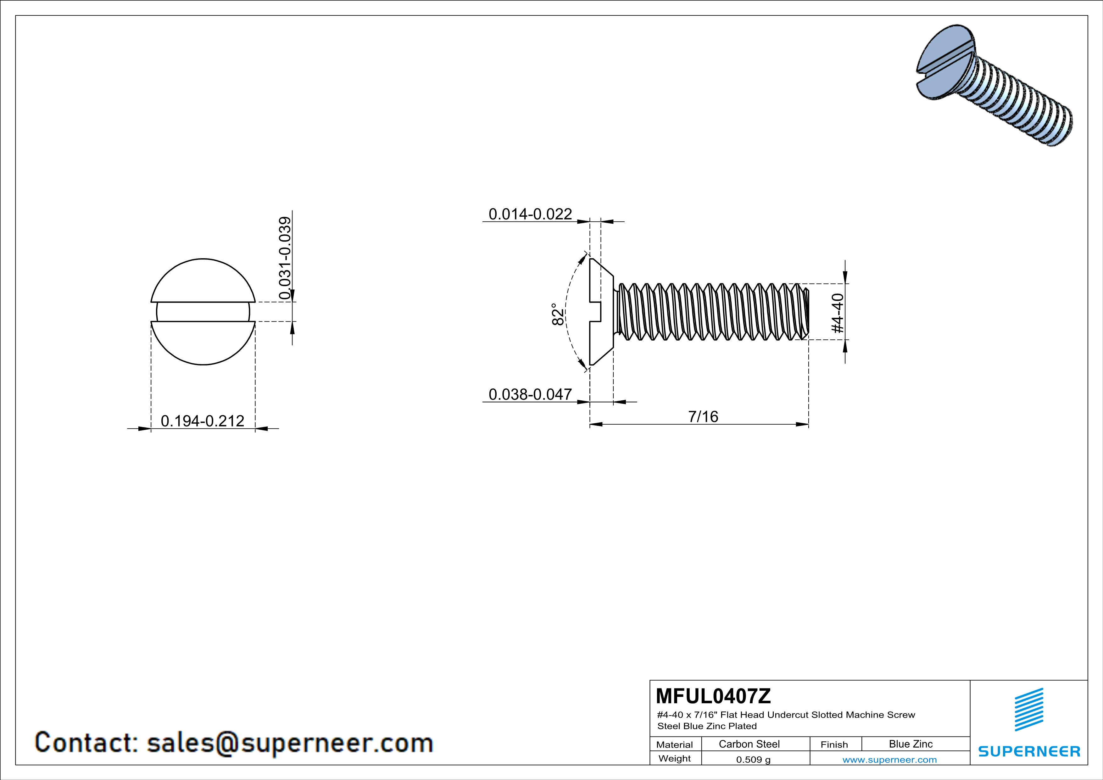 4-40 x 7/16" Flat Head Undercut Slotted Machine Screw Steel Blue Zinc Plated