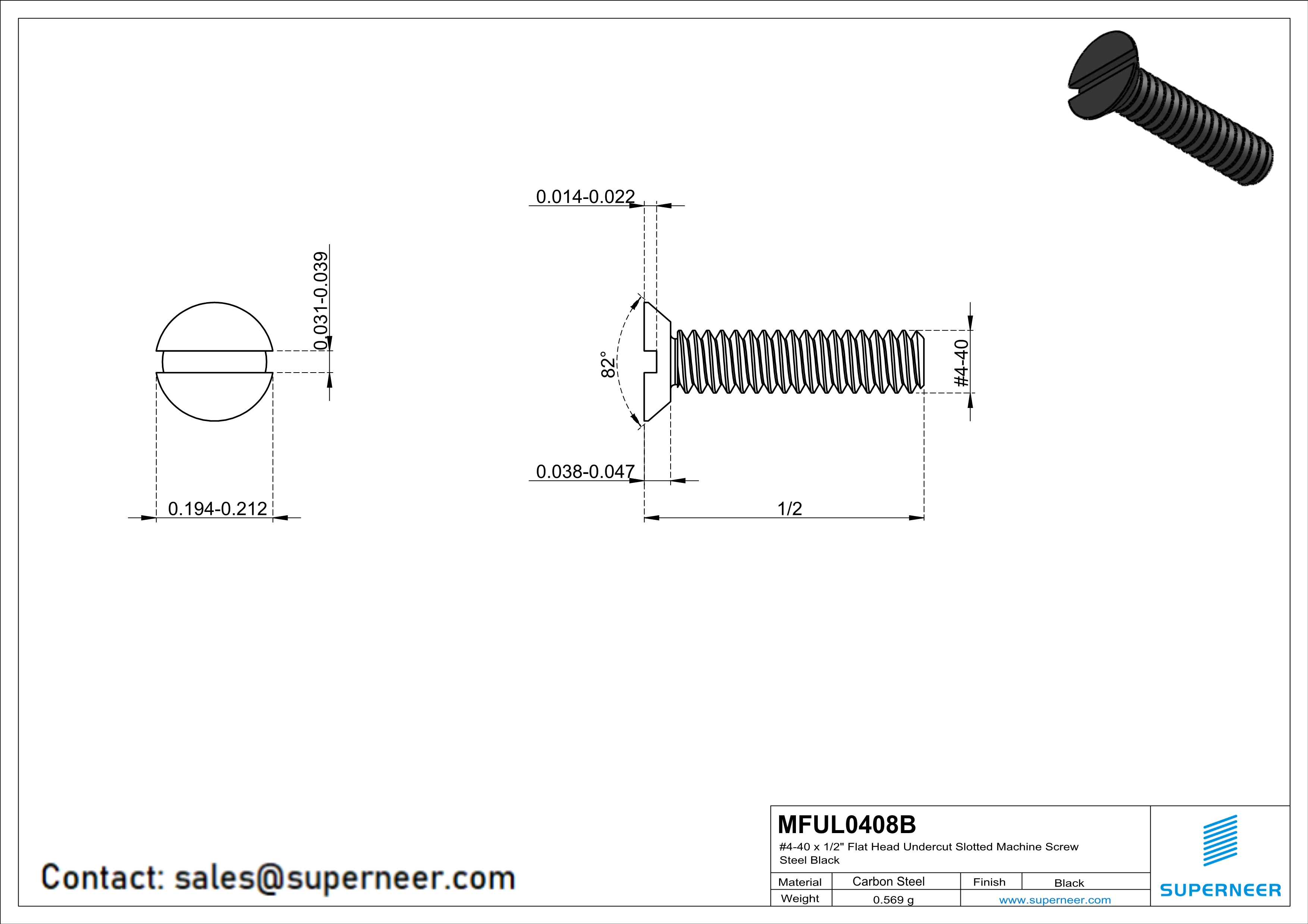 4-40 x 1/2" Flat Head Undercut Slotted Machine Screw Steel Black