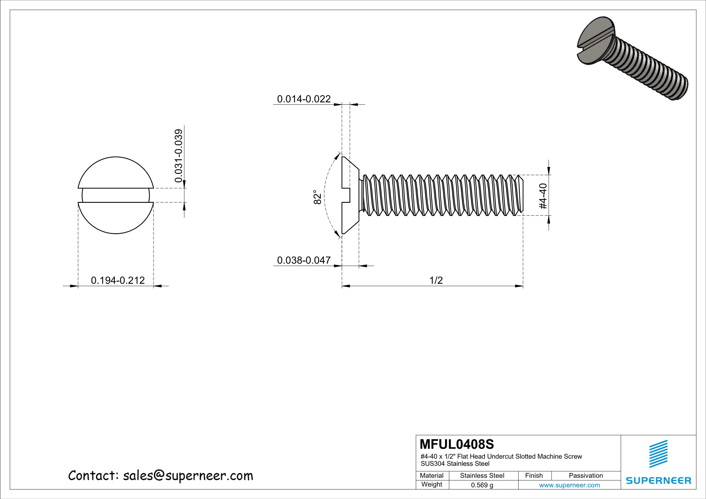 4-40 x 1/2" Flat Head Undercut Slotted Machine Screw SUS304 Stainless Steel Inox