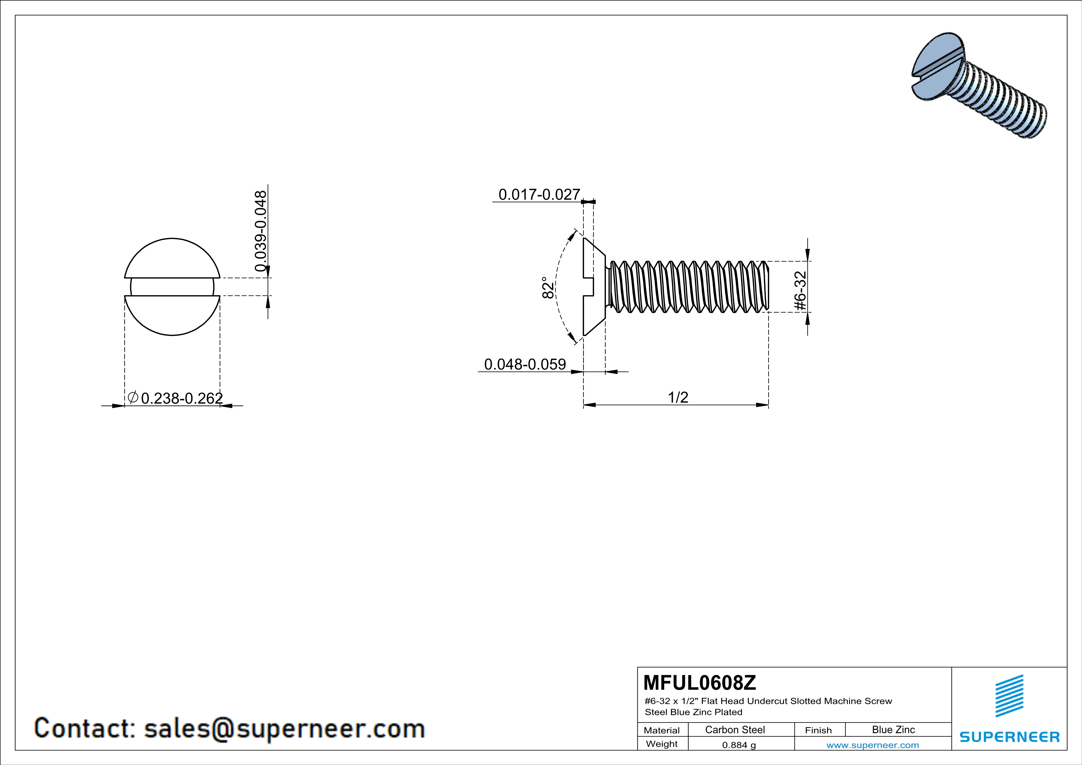 6-32 x 1/2" Flat Head Undercut Slotted Machine Screw Steel Blue Zinc Plated