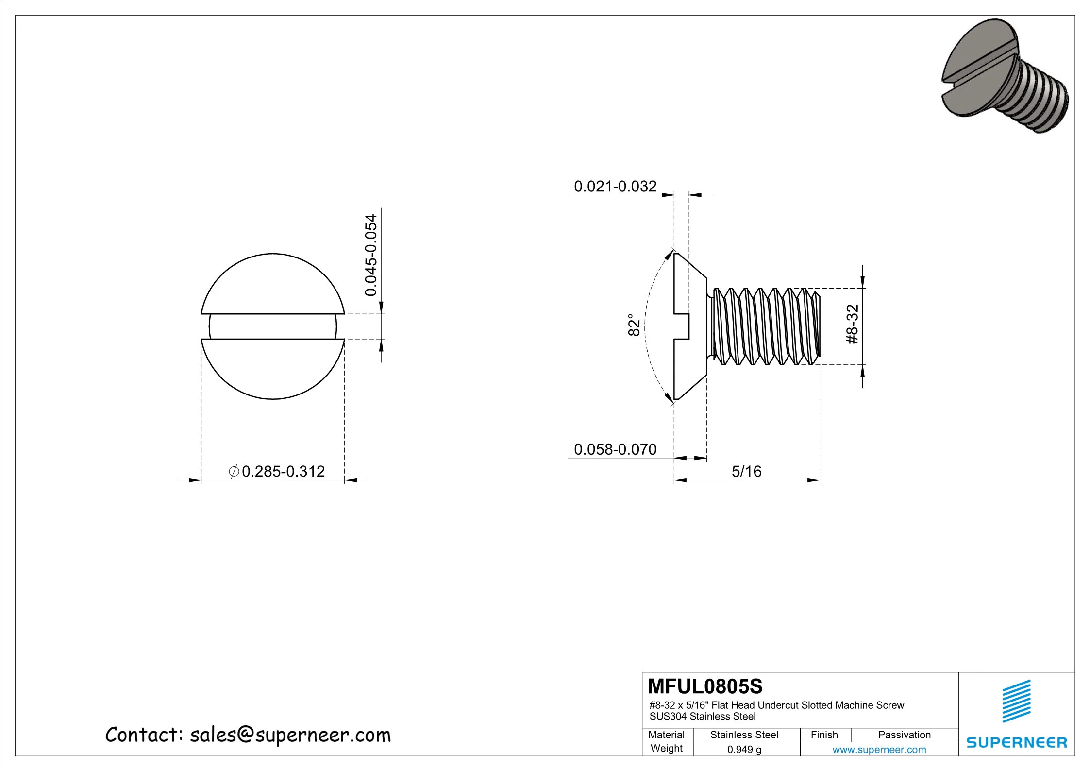 8-32 x 5/16" Flat Head Undercut Slotted Machine Screw SUS304 Stainless Steel Inox