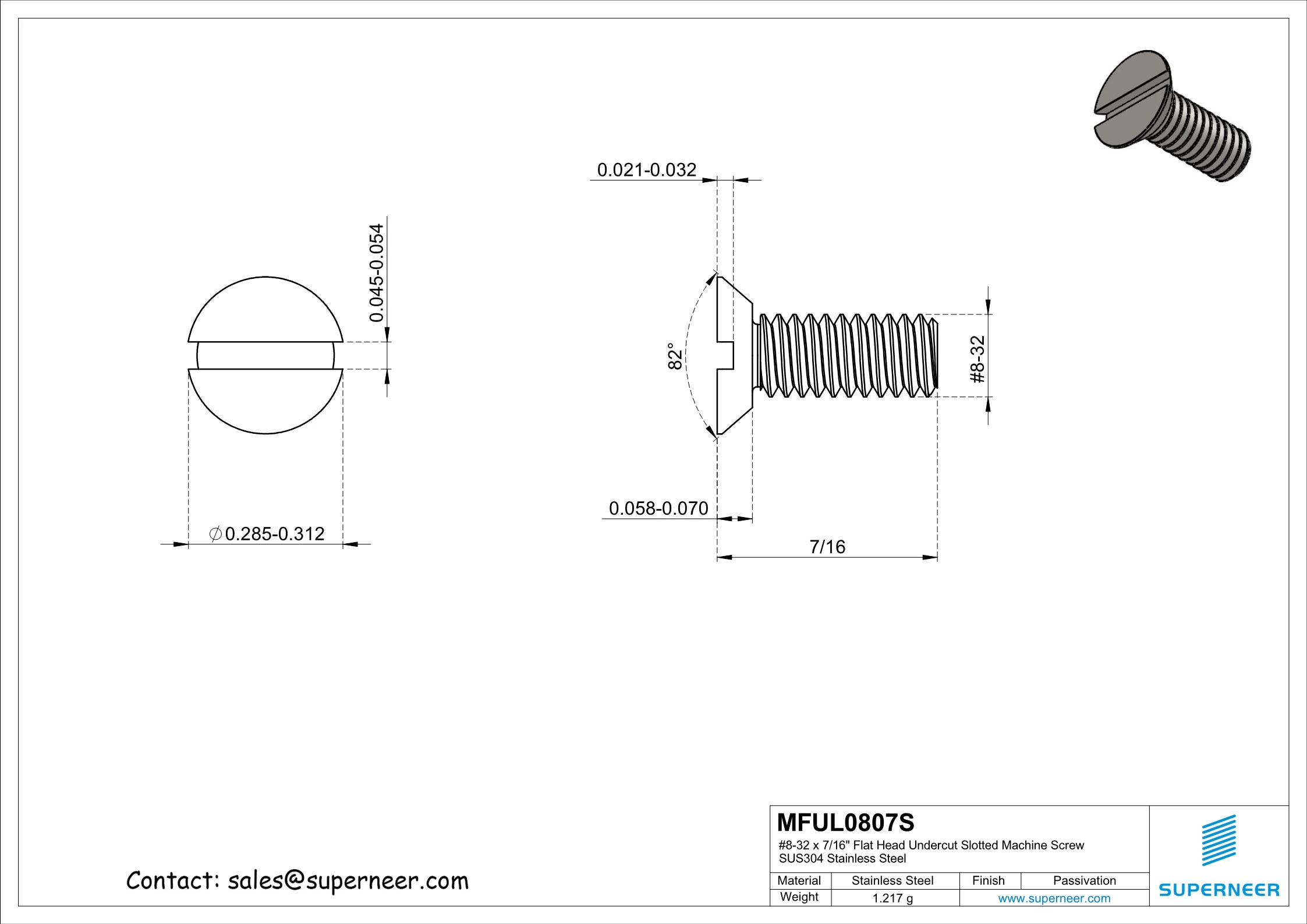 8-32 x 7/16"  Flat Head Undercut Slotted Machine Screw SUS304 Stainless Steel Inox